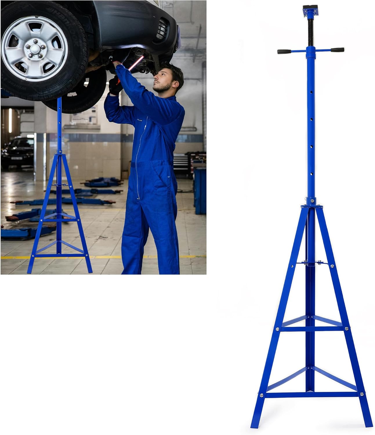 KUAFU Adjustable Under Hoist Tripod Stand, 4500 LBS Load Capacity, 2 Ton High Lift Jack Stand Reach Under Hoist Stand for Repair Shops, Garages and DIY, 55.63"-62.25" Steel Powder Coated Blue