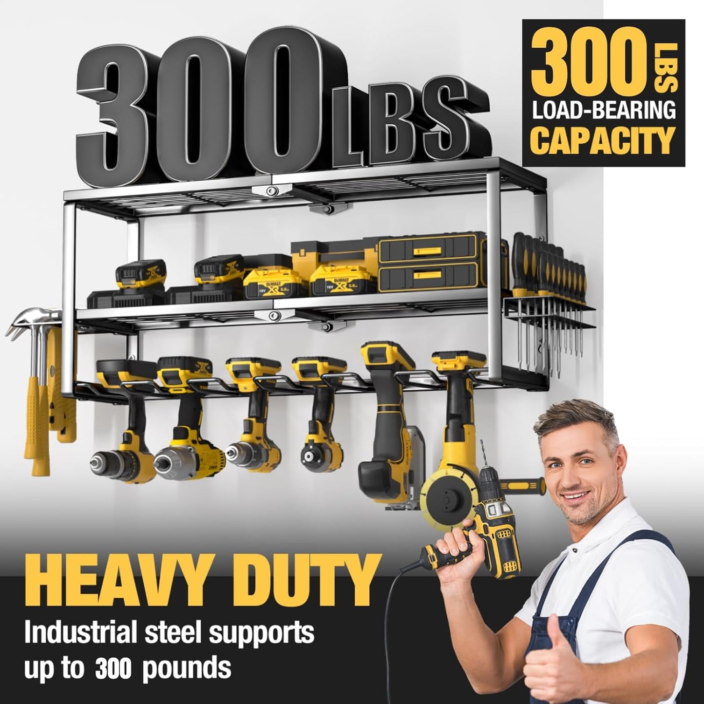 YYR Heavy Duty Power Tool Organizer Wall Mount, Cordless Drill Hanger Storage Rack, Battery Tools Holder with Charging Station Shelf for Garage Organization, Workshop, Pegboard, Shed - 24 Inch 6 Slots