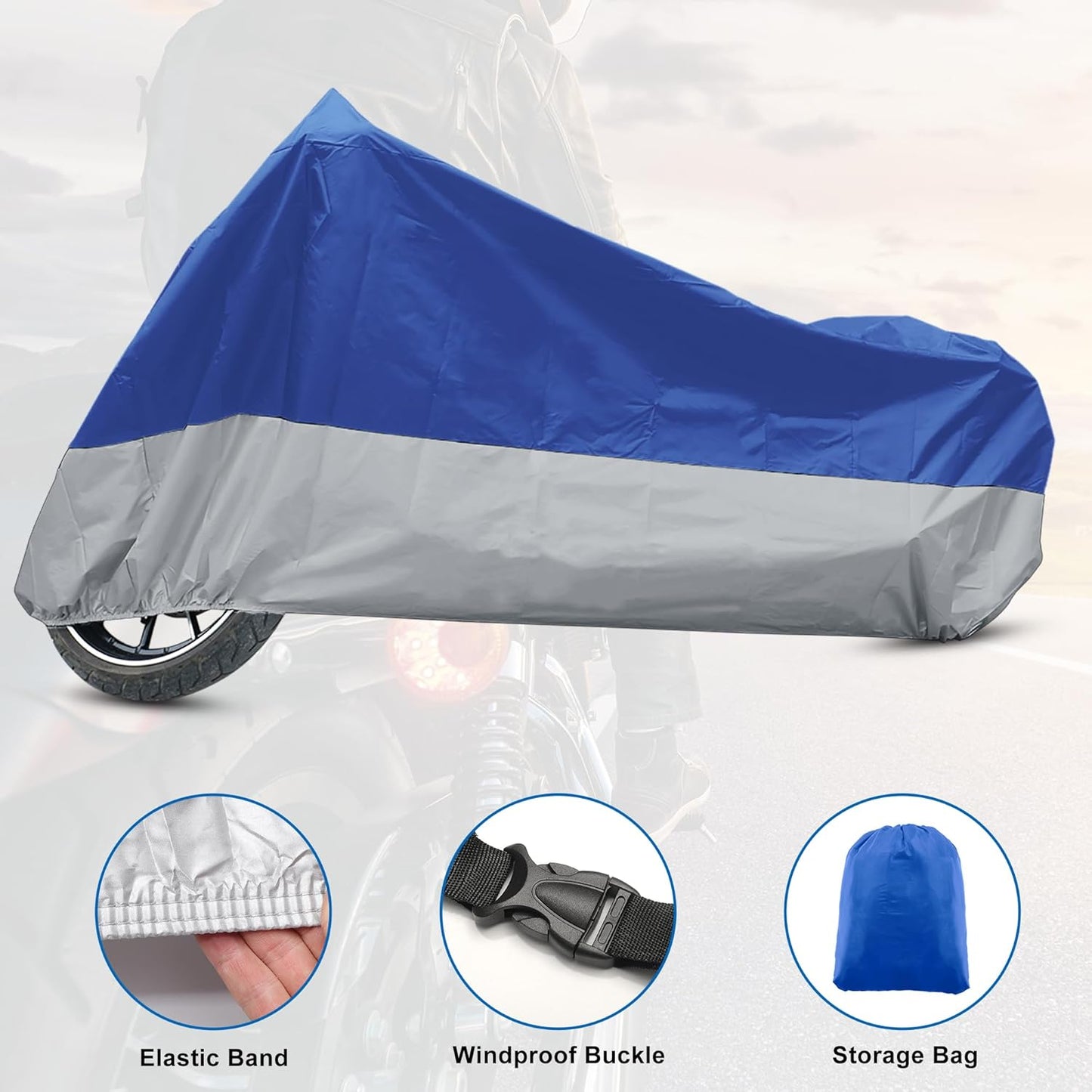 X AUTOHAUX Motorcycle Cover for Harley Davidson for Honda for Suzuki All Season Waterproof Sun Outdoor Protection Motorbike Cover Fits Up to 116.14'' Motorcycles Cover XXXL Blue Silver Tone