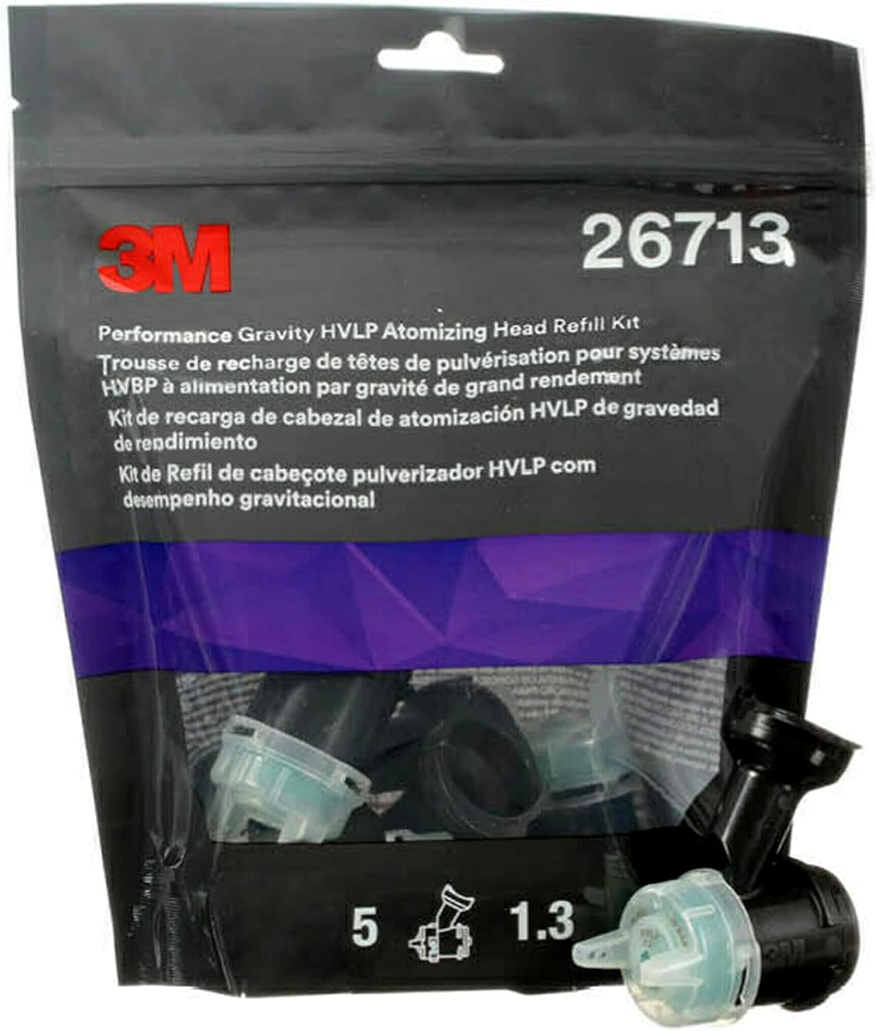 3M Performance Gravity HVLP Atomizing Head Refill Kit, 26713, Size 1.3, Green, for use with Performance Spray Gun and PPS 2.0 Paint Cups, 5 Pack