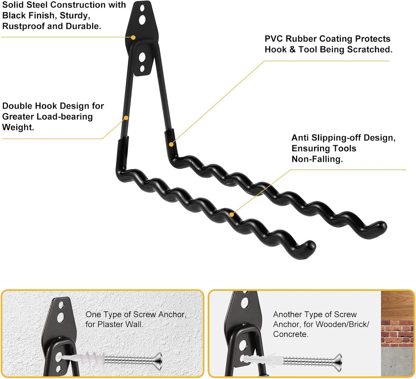 Wall Mounted Garage Hooks Tool Organizer, 12.4 Inch Garage Storage Hook Heavy Duty Utility Wall Hangers Black for Ladders, Hose, Garden Tools, Set of 4