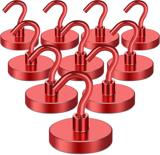 MIKEDE Magnetic Hooks Heavy Duty, 150LB Strong Magnet with Hook for Fridge, Super Neodymium Strength Industrial Hooks for Hanging, Magnetic Hanger for Toolbox, Cruise, Grill(Red,10 Pack)