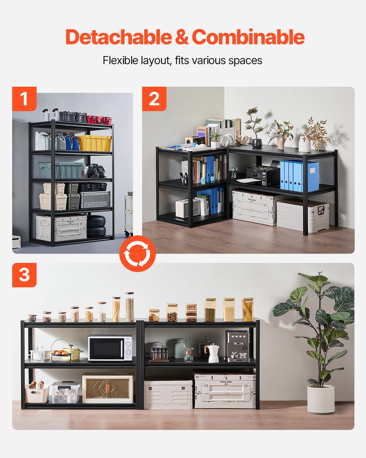 VEVOR Storage Shelves, 3000 lbs, 5 Tier Garage Storage Shelving, 24" D x 48" W x 72" H Adjustable Metal Shelves for Garage Shelves Utility Rack Shelf, Ideal for Kitchen, Warehouse, Basement, Black