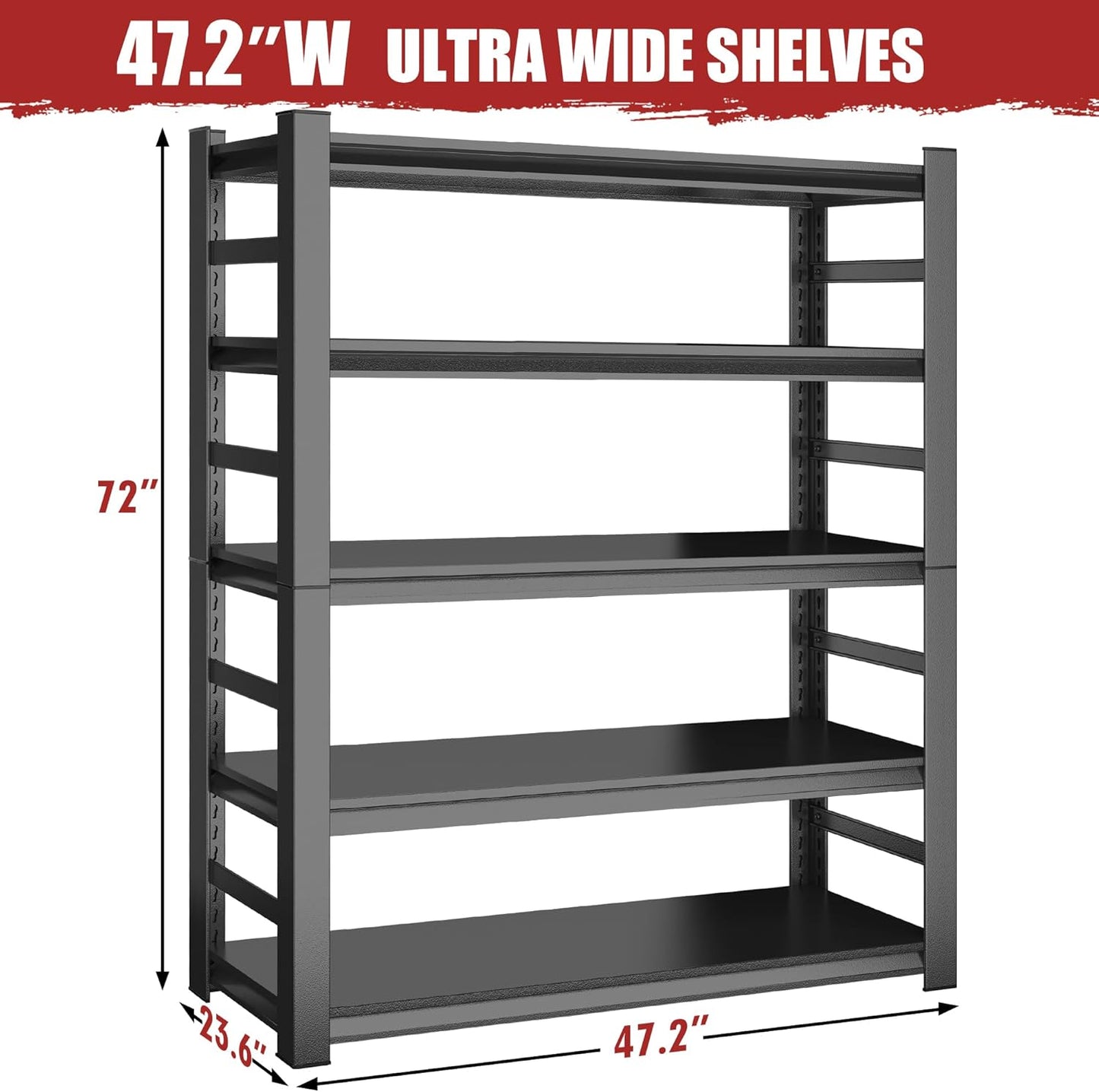 47.2" W Garage Shelving Heavy Duty Storage Shelves 5 Tier Adjustable Heavy Duty Shelving 4000LBS Metal Shelves for Garage Storage Rack Utility Rack Industrial Shelf 72" H x 47.2" W x 23.6" D