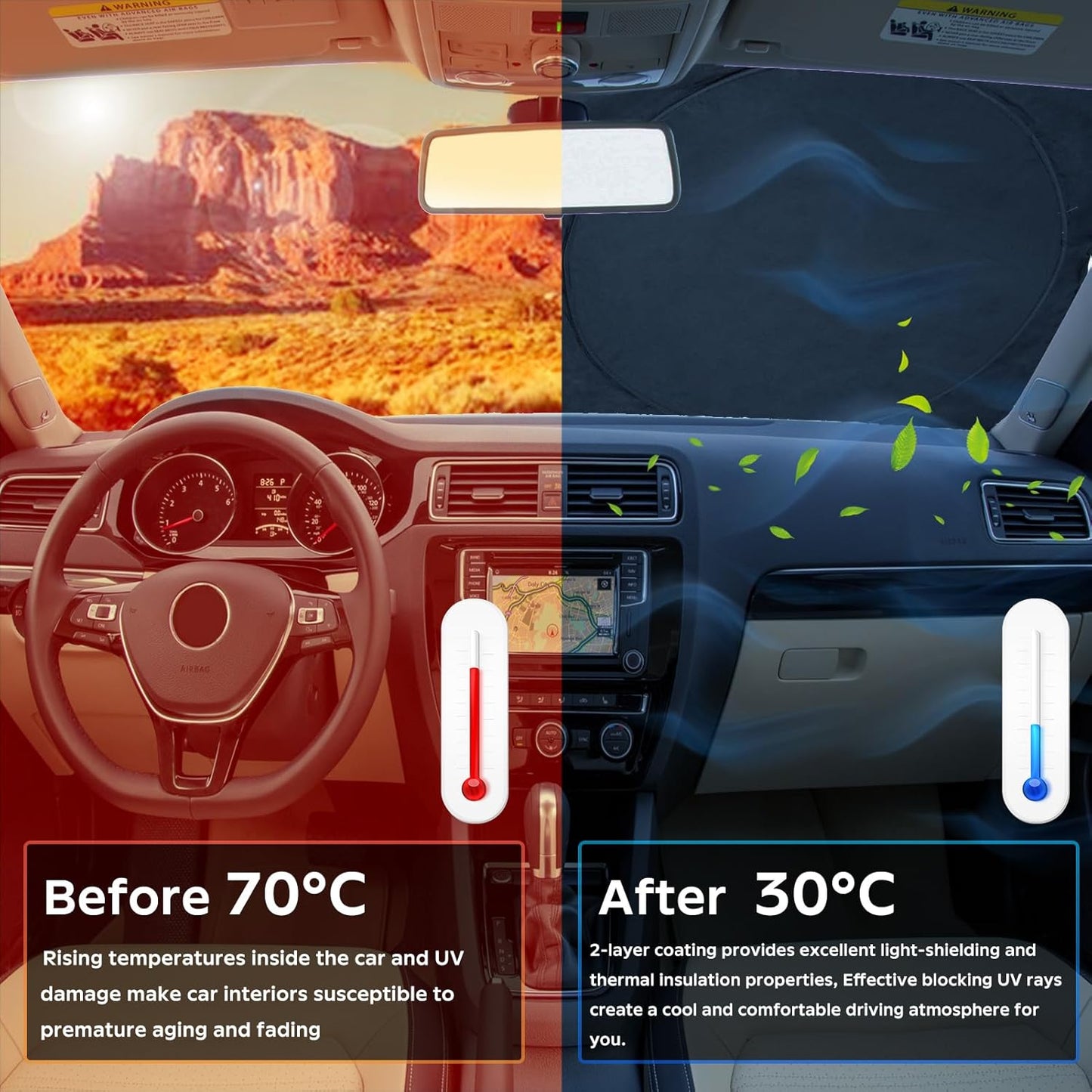 INSAUTO for VW Jetta 2020 Windshield Sun Shade Sunshade 2 Layers Front Window Shield for 2019-2026 Volkswagen Jetta Windshield Cover 210T Reflective Custom Fit Sun Visor Blocks UV Ray Car Accessories