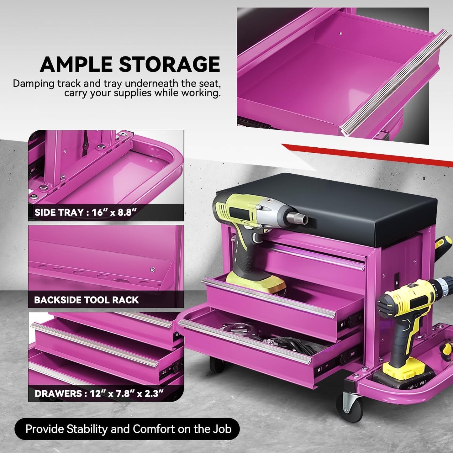 Auto Dynasty 3-Drawer Mechanic Rolling Seat, 350 LBS Capacity Roller Garage Shop Seat with Storage Tool Tray for Workshop, Repair Shop, Warehouse, Purple