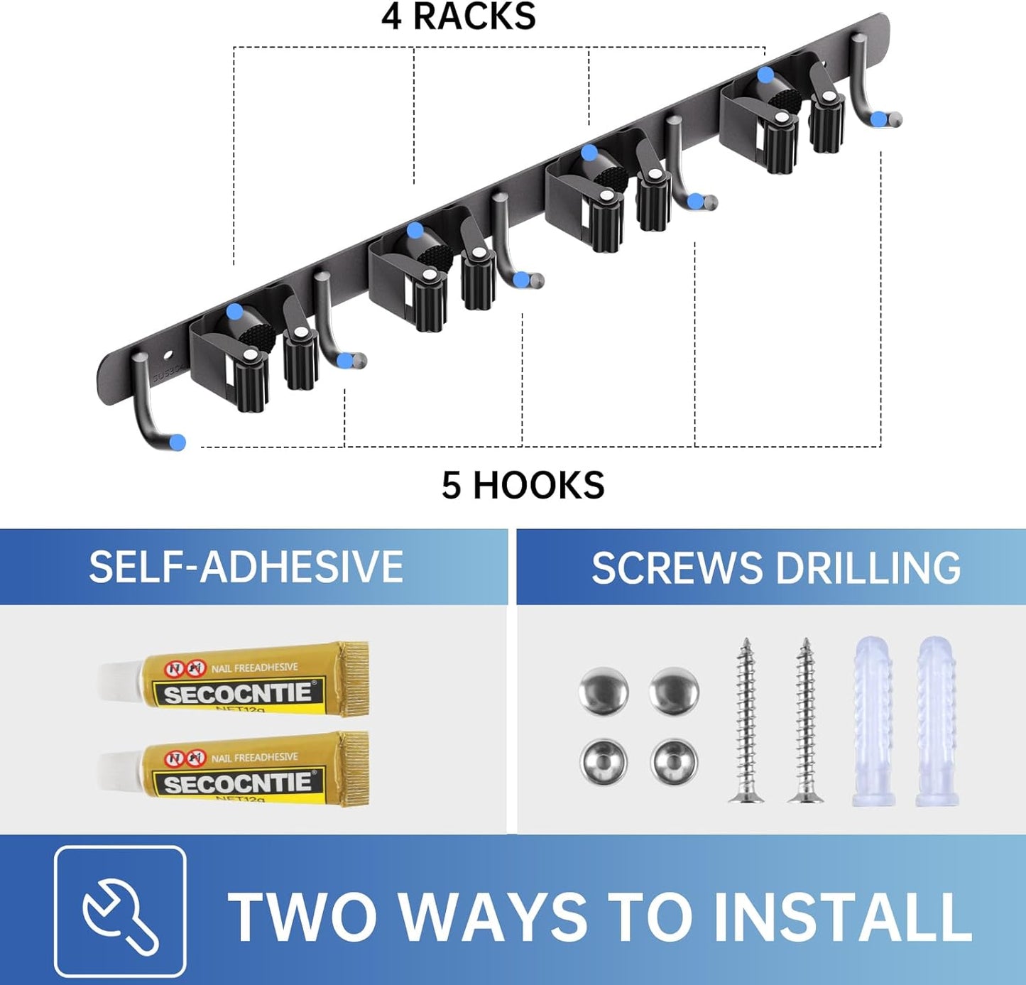 ZONGOOL 4 Racks and 5 Hooks Broom Holder Wall Mount Mop Hanger Wall Mount Metal Organization Tool Organizer Wall Hanging for Home Kitchen Garden Laundry Garage (Black)