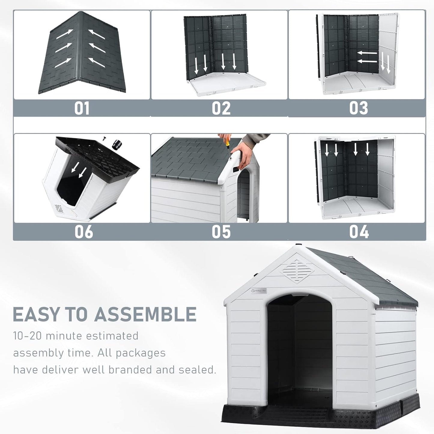 LEMBERI Durable Waterproof Plastic Dog House for Small to Large Sized Dogs, Indoor Outdoor Doghouse Insulated Puppy Shelter with Elevated Floor, Easy to Assemble (Gray, 34''L*31''W*32''H)