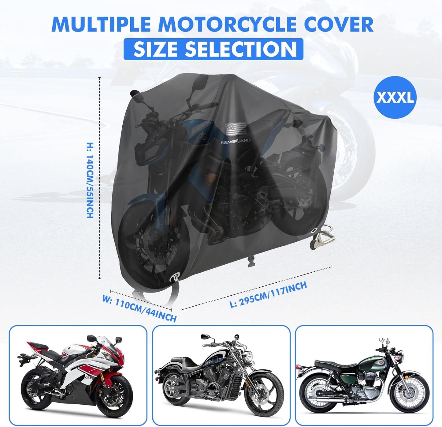NEVERLAND Motorcycle Cover Waterproof Outdoor - Black Heavy Duty Scooter Cover, Motorbike Cover with Refletive Logo, Lock-Hole, Bandage, Storage Bag-Protect Against Dust, Debris, Rain (XXXL)