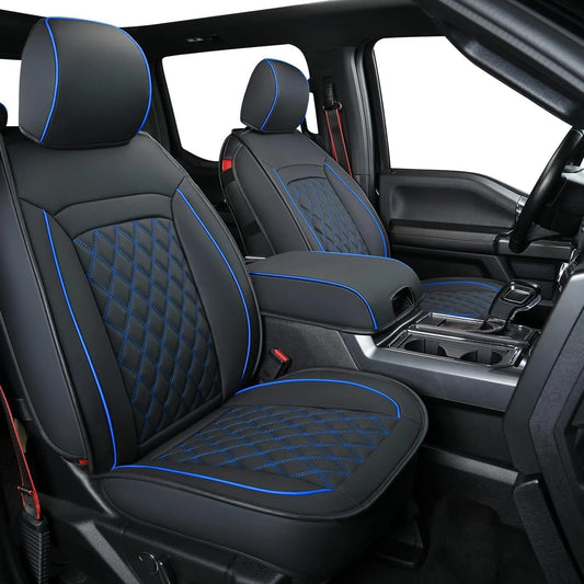 LUCKYMAN CLUB F150 Faux Leather Seat Covers Fit for 2015-2024 2025 F150 SuperCrew and 2017-2024 2025 F250 F350 F450 Super Duty Crew Cab Pickup Trucks(Full Set, Black&Blue)