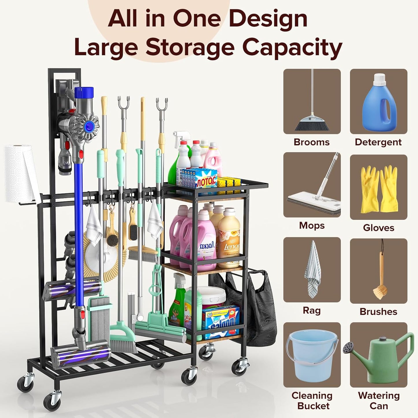 Cleaning Utility Cart on Wheels, Multifunctional Cleaning Tools Supplies Organizer with Broom and Mop Holder, Vacuum Stand Compatible with Dyson, Rolling Storage Caddy Cart for Home