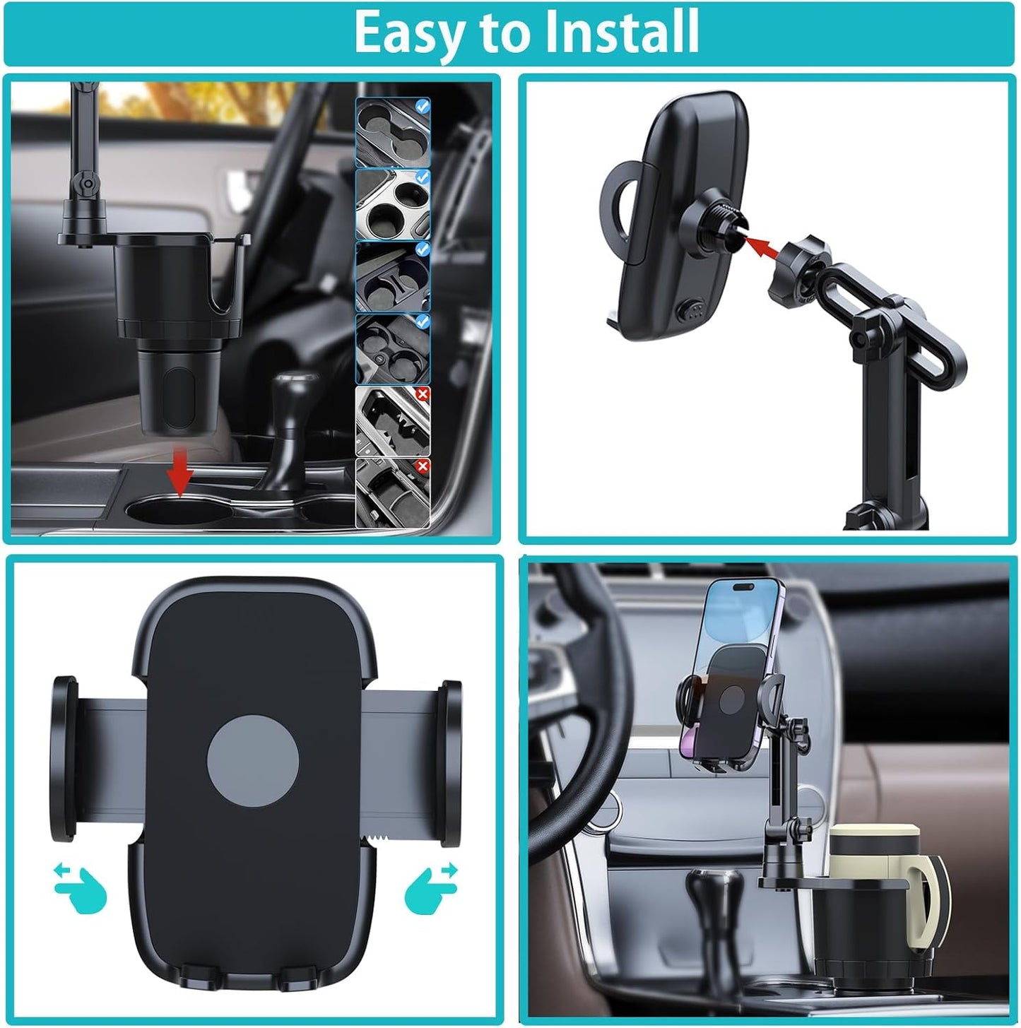 Cup Holder Phone Mount for Car, Upgraded 2 in 1 Car Cup Holder Expander Long Arm with 360° Rotation, Car Phone Holder Compatible with iPhone, Samsung & All Smartphones