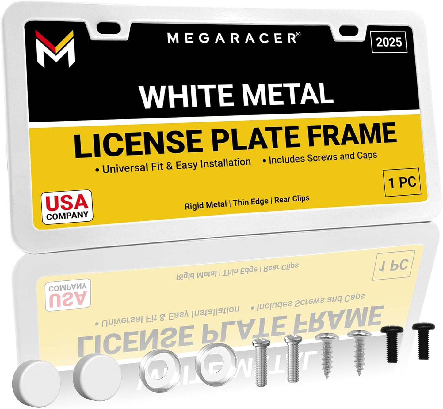Premium Slim Sleek White License Plate Frame – 1 Pack, Rust-Free & Rattle-Free Stainless Steel, Street Legal, Universal with Screw Covers, Thin Edged Metal Front or Rear Car Tag Holder for Men & Women