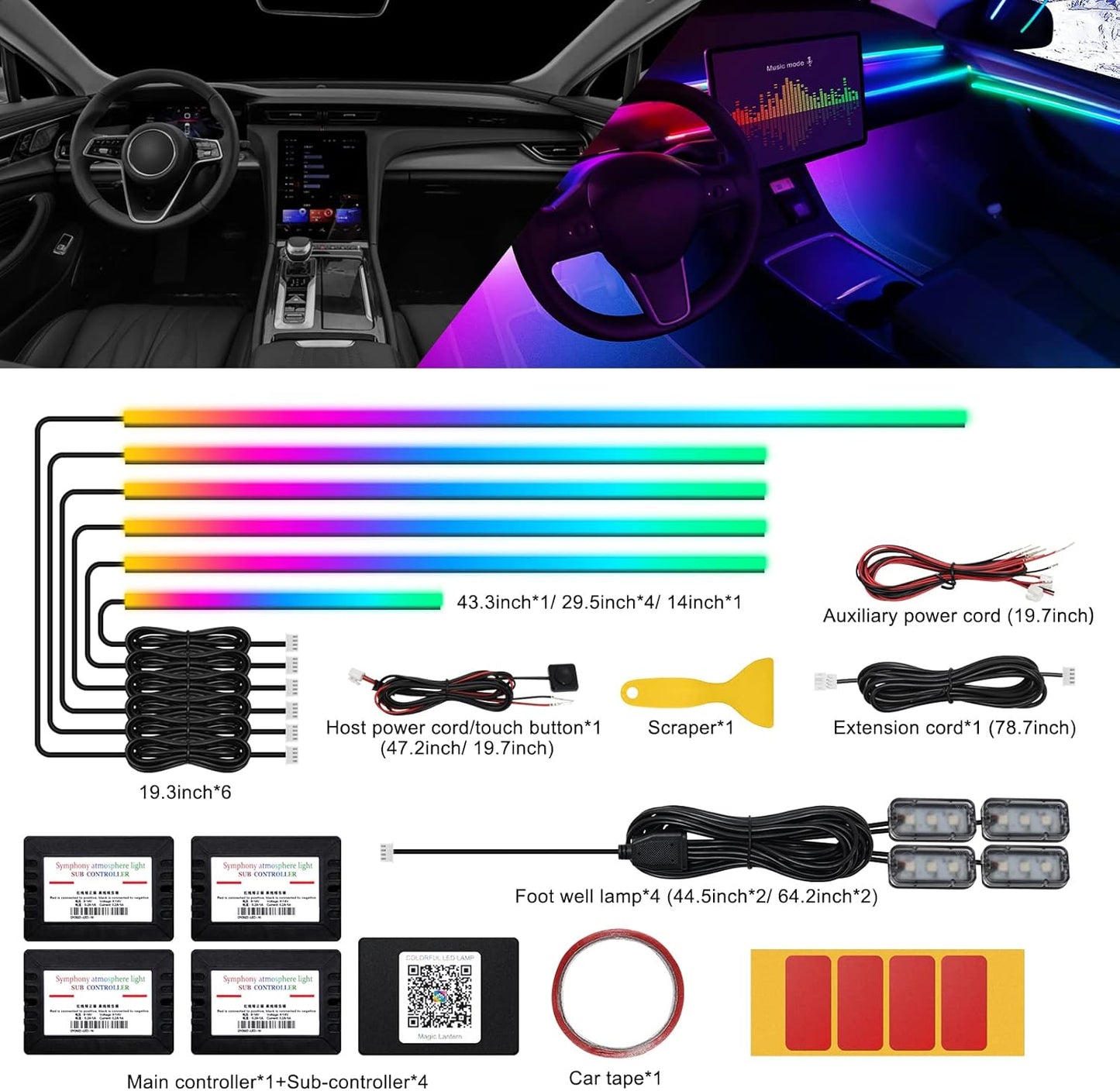 Dreamcolor Acrylic Interior Car LED Strip Light with Wireless APP, RGB 10 in 1 with 175 inches 593 LEDs Fiber Optic Ambient Lighting Kits, 16 Million Colors Sound Active Function Car Neon Lights