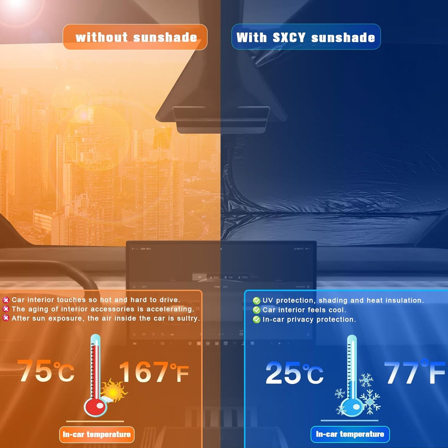 SXCY for 2024 2025 Tesla Cybertruck Windshield Sunshade for Tesla Cybertruck 2024 2025 Accessories 2025 Cybertruck Sunshade Foldable Sun Shield 2025 Cybertruck Sun Shade Sun Protector Block UV Rays