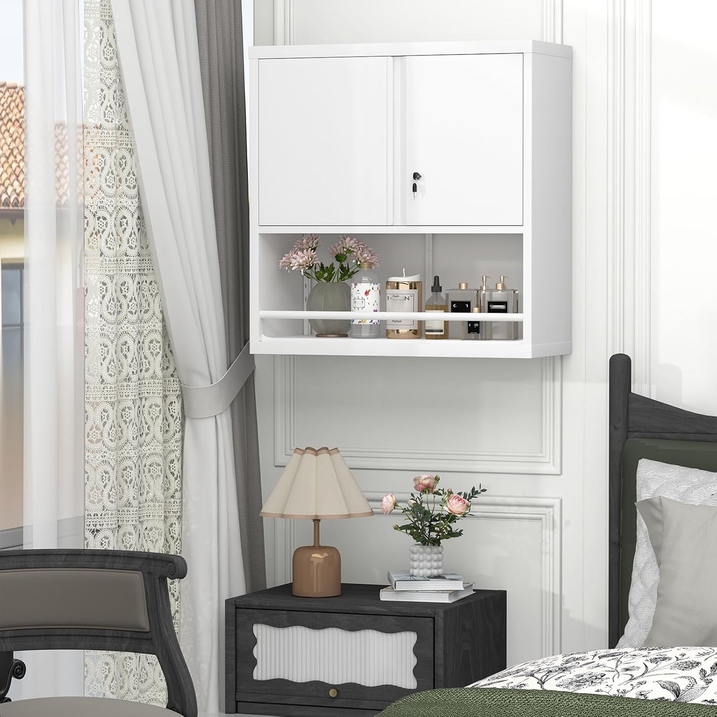 GREATMEET 31" H Locking Metal Garage Storage Cabinet with Doors and Shelves, Lockable Wall Cabinet Storage, White Steel Wall Mount Cabinet Hanging Floating for Office Utility Room