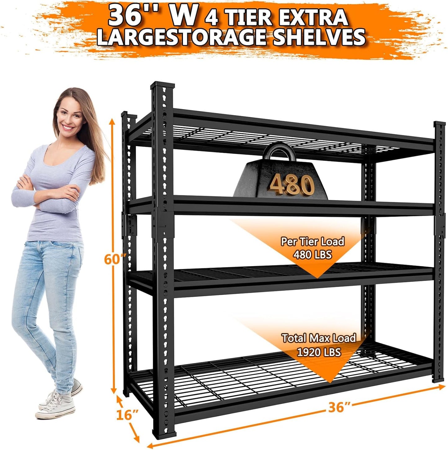 Storage Shelves Heavy Duty 4 PCS, 36"L x 16"W x 60"H Garage Wire Shelving Unit Loads 1920LBS, 4-tier Adjustable Metal Industrial Utility Shelf Rack for Kitchen, Laundry, Pantry, Warehouse, Basement
