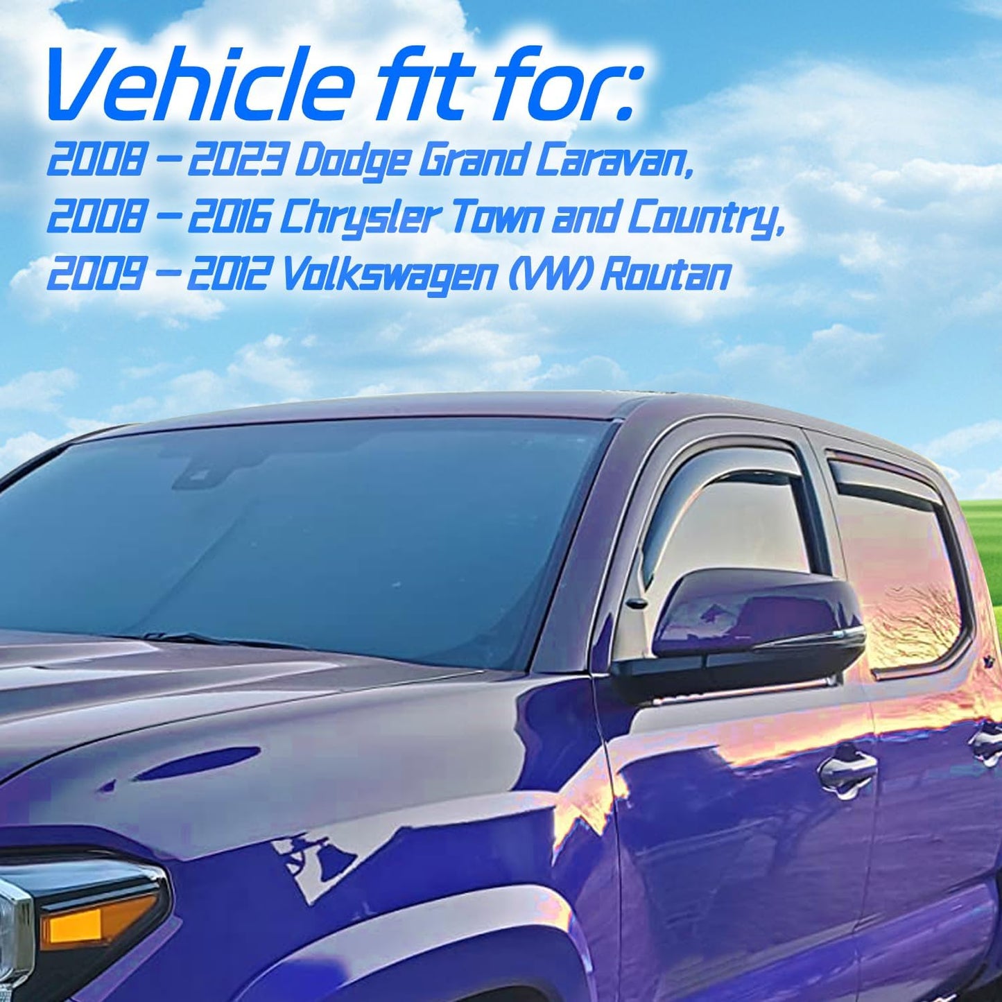 4PCS in Channel Rain Guards for 2008-2023 Dodge Grand Caravan, 2008-2016 Chrysler Town Country, 2009-2012 Volkswagen (VW) Routan, Vent Window Visors Shade, Window Deflectors