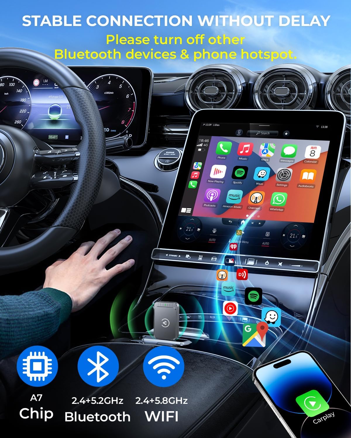 AuroraLink Wireless Carplay Adapter for Apple iPhone & Android Auto 2-in-1 Fast & Stable Carplay Wireless Adapter Convert Wired to Wireless Car Play Dongle for iOS 10+/Android 11+ (Grey)