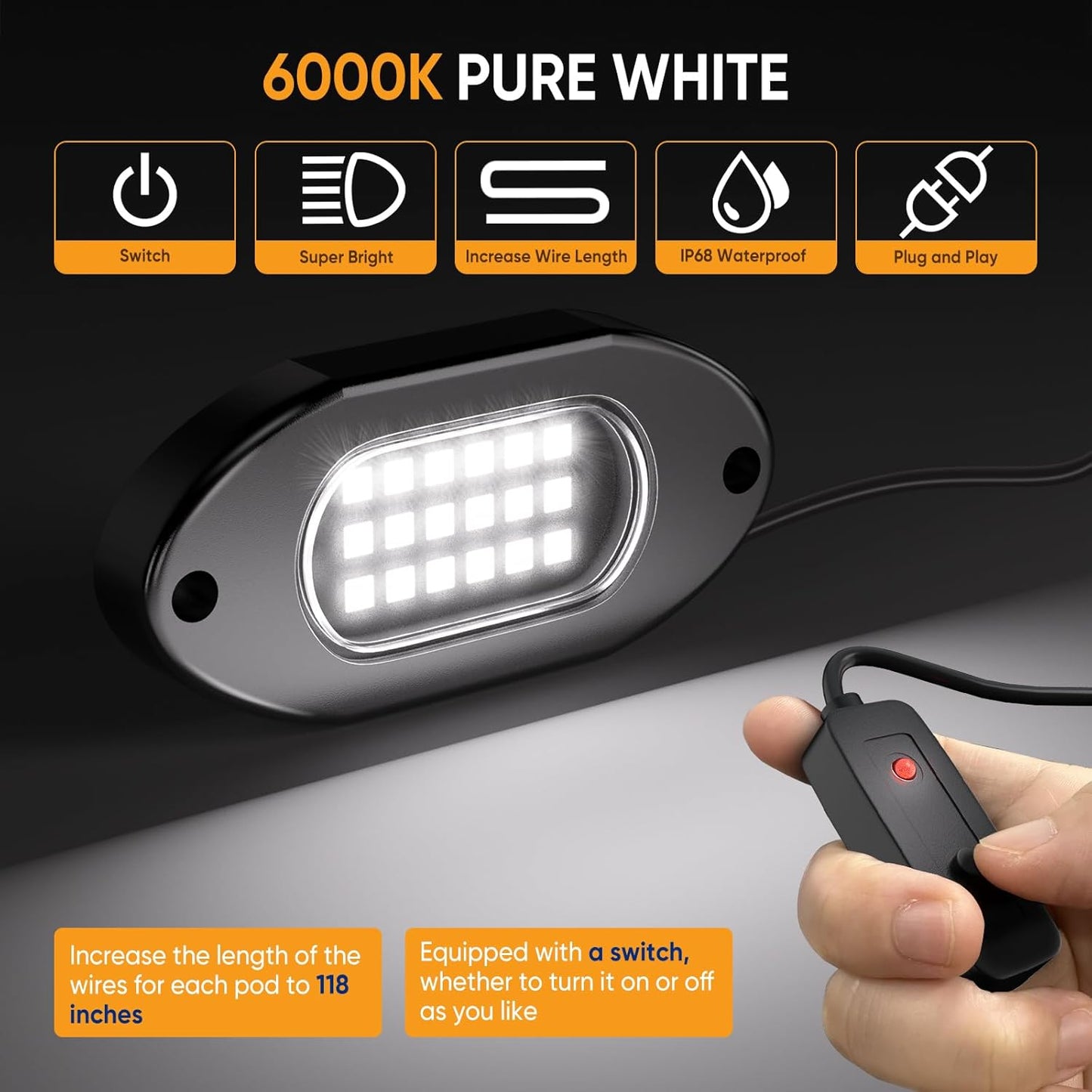 Honalia Pure White Rock Lights for Trucks 20 Pods, 6000K White LED Rock Lights Kits with Switch