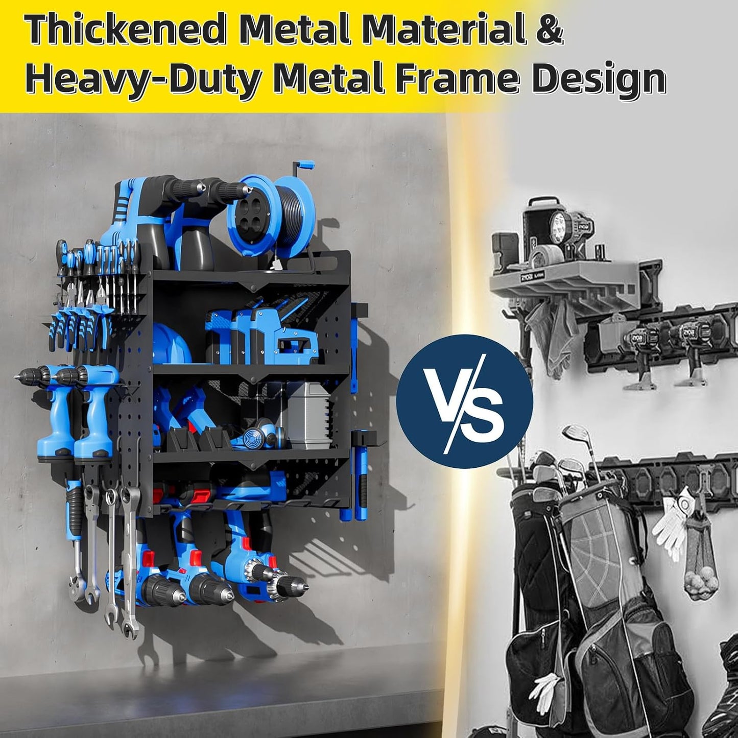 Power Tool Organizer Wall Mount with Charging Station, 4 Layers 6 Drill Holder, Heavy Duty Storage Utility Racks, Supports 600 lbs,Battery Shelf for Garage and Workbench (16 Inch 4 Drills Holder)