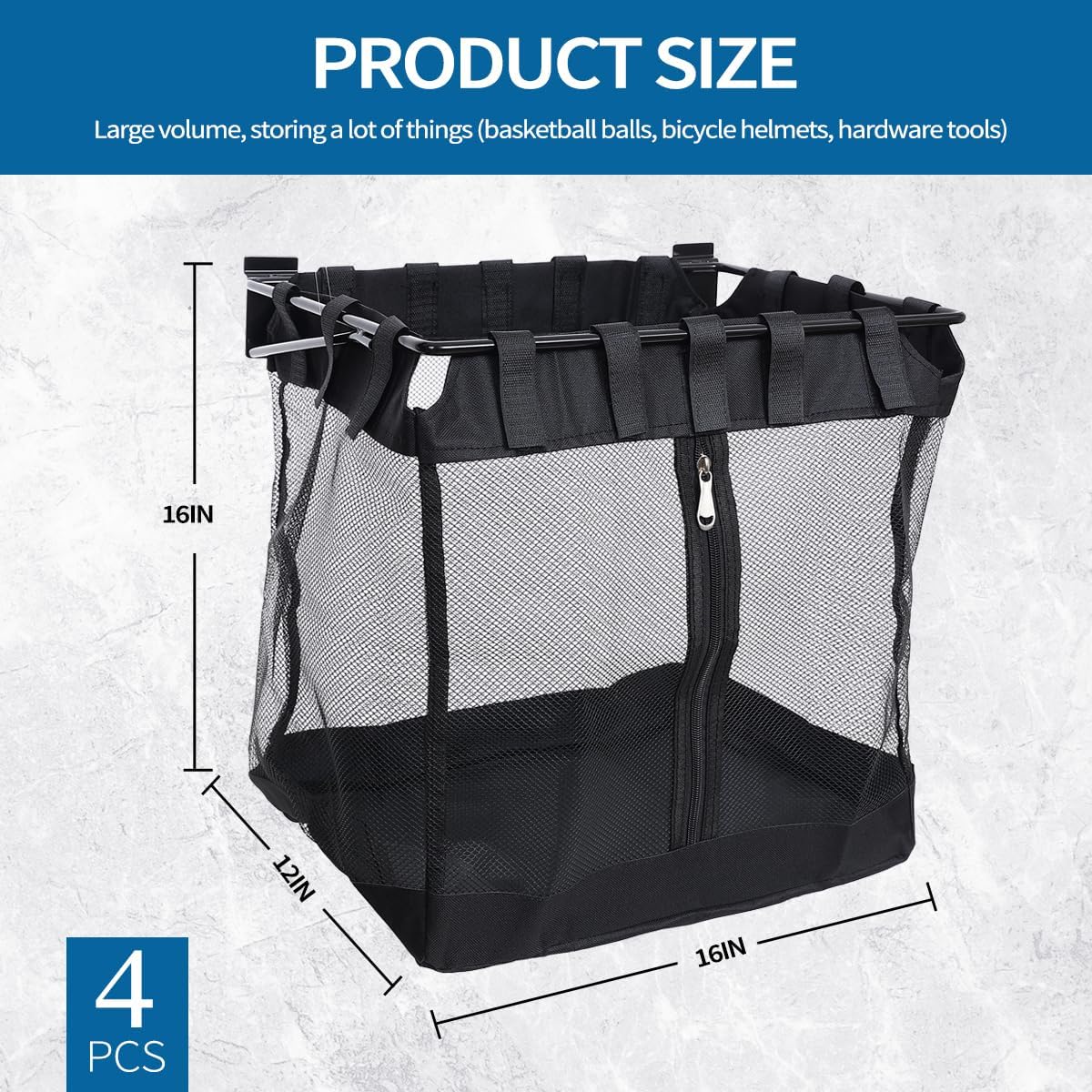 4Pcs Large Slatwall Baskets Mesh Slatwall Baskets with Zipper Mounted Storage Baskets Hanging Slatwall Accessories for Shops Rooms Storage Display Organizing(16 * 12 * 16inch)