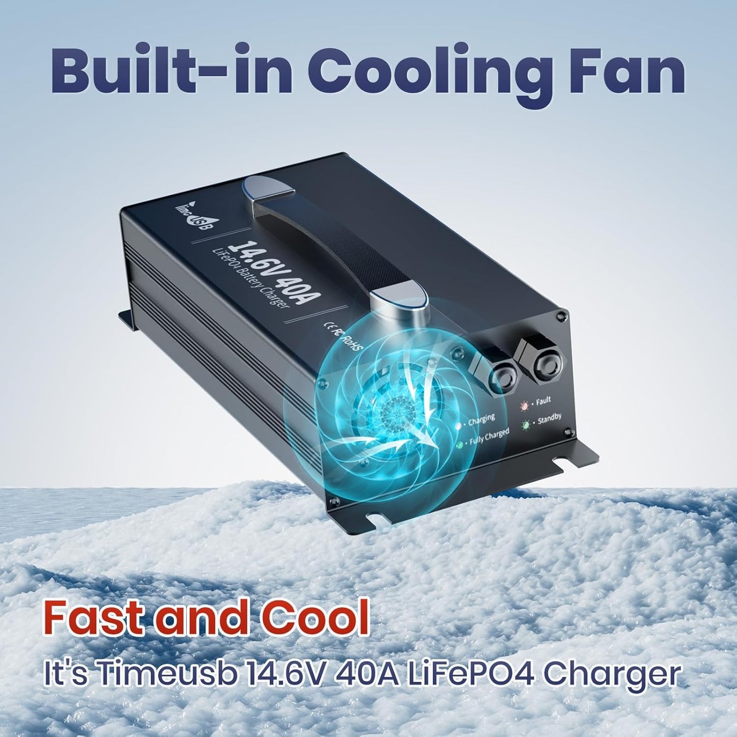UltraFast 12V 40A LiFePO4 Battery Charger with Smart Activation, LED Indicator & Wire Lugs - Wall-Mountable Design