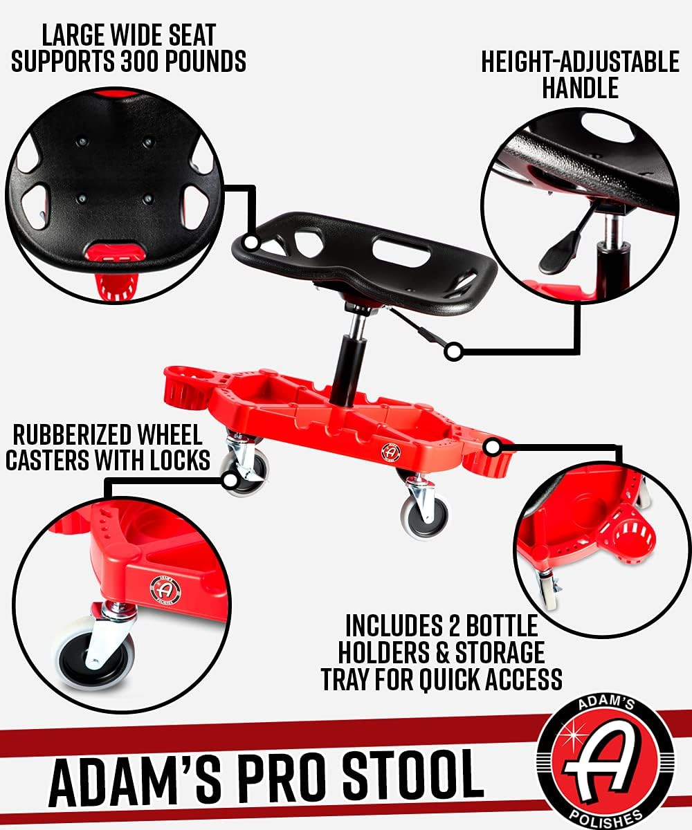 Adam's Polishes Pro Rolling Stool, Car Detailing Stool Chair, Shop Stool with Wheels, Garage Organizer, Tool Organizer Tray, Adjustable Height for Car Cleaning Buffer Polisher Ceramic Coating Car Wax