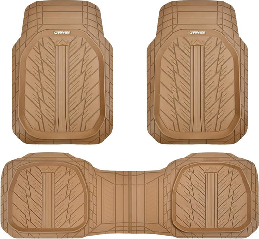 CAR PASS Tire Tread DeepDish Rubber Floor Mats for car Heavy Duty car mats All Weather, Universal XL~M Trim to Fit for Truck SUV Vehicle Automotive, Waterproof car mats 3 Piece Solid Beige