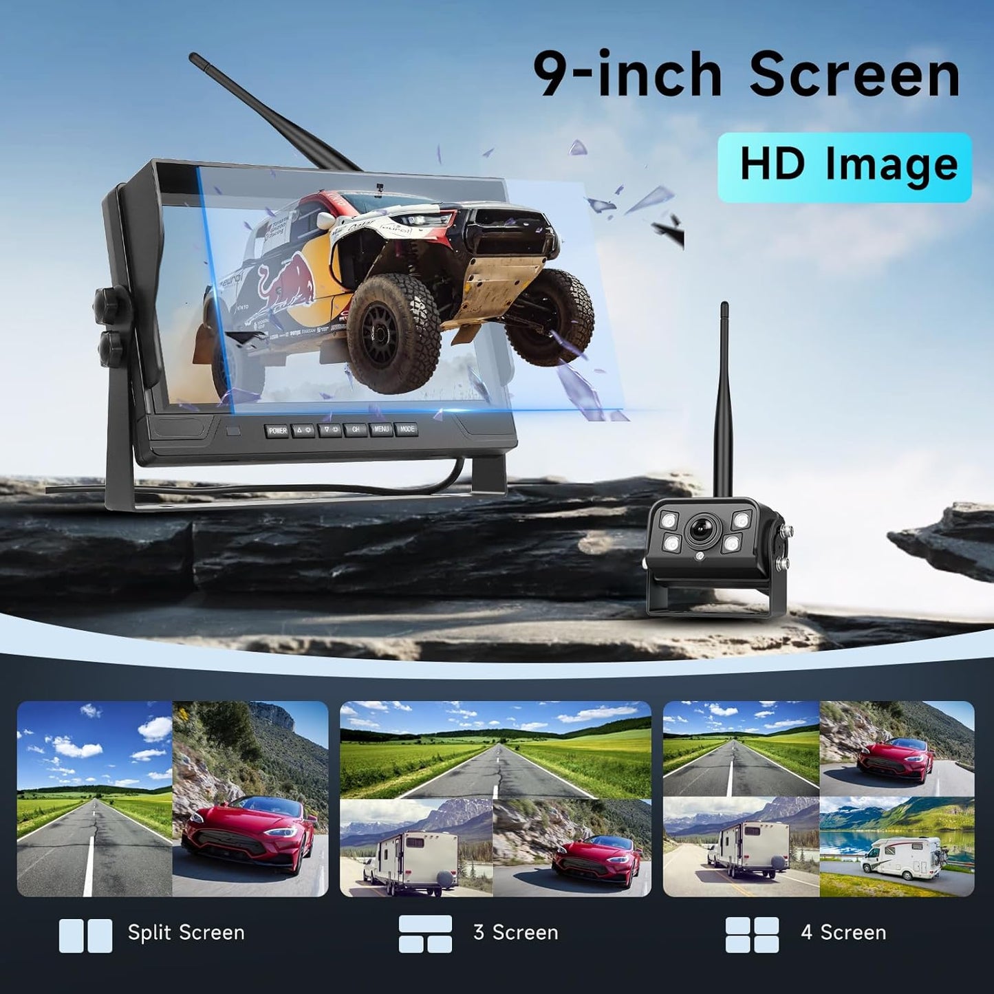 Hodozzy Wireless Backup Camera Digital System Kit, 9 Inch Dual Split Screen Monitor with Blind Spot Warning, IP 68 Waterproof 2 Backup Camera, Recording,Night Vision,Loop Record Trucks/RV/SUV