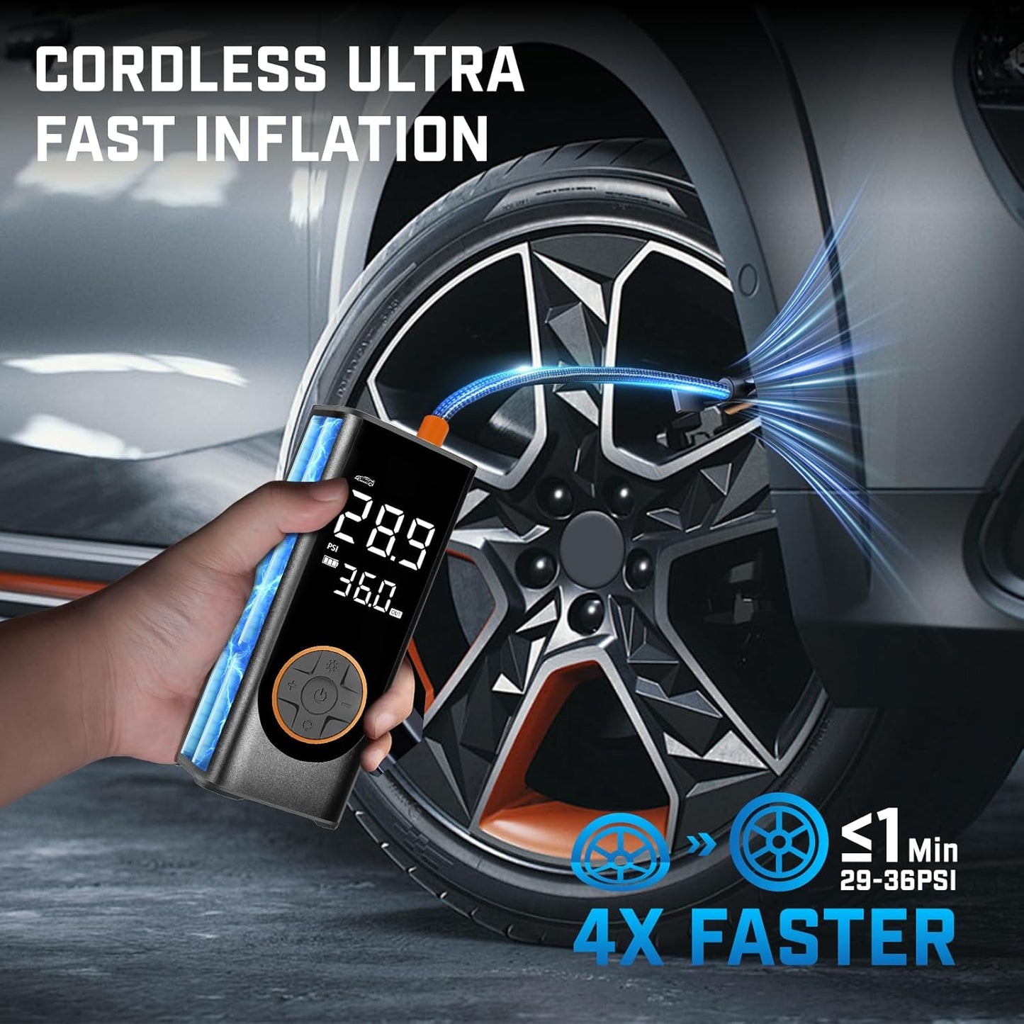 Tire Inflator Portable Air Compressor, 150PSI Cordless Air Pump for Car Tires, 4X Faster 12V DC Tire Pump with Tire Pressure Gauge, LED Light for Cars, Motorcycles, Bikes, Balls (Black)