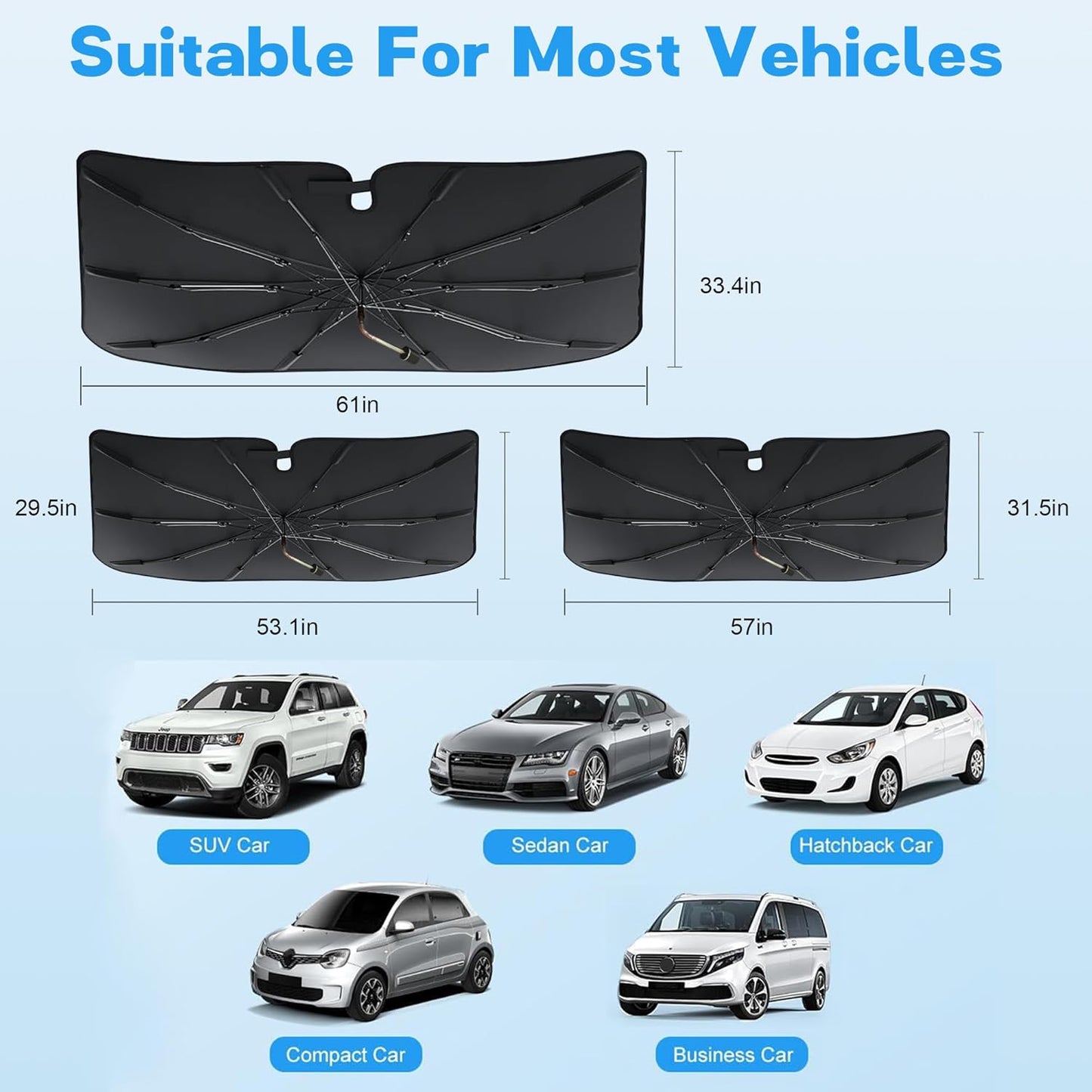 Windshield Sun Shade Umbrella, Portable Foldable, Spring Structure Wind Shield, Front Window Sunshade, Protect from Sun Rays Car Windshield, Universal for Any Car (61'' x 33.4'')