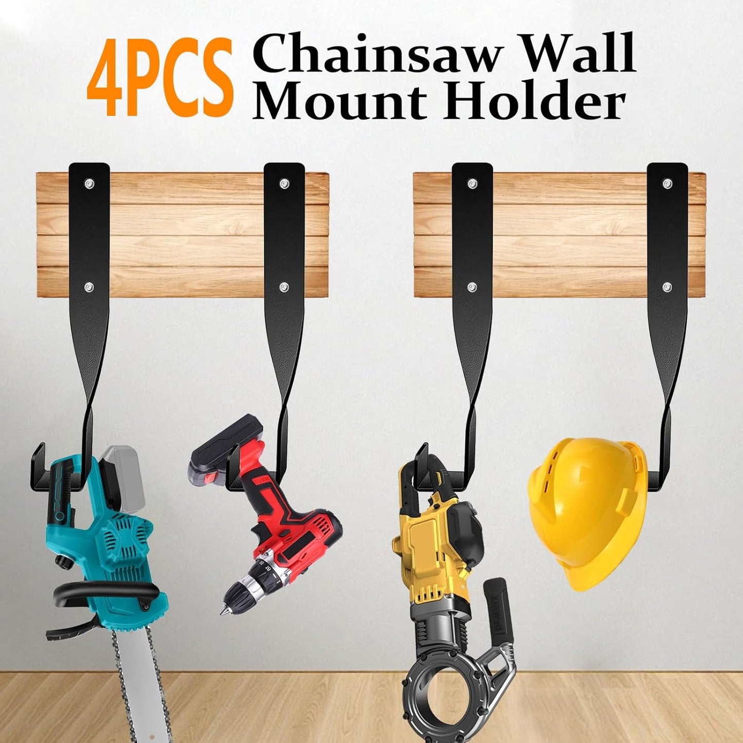 4PCS Chainsaw Wall Mount Storage Rack, Heavy-Duty Chainsaw & Tool Wall Mount Holder, Weed Eater String Trimmer Hanger, Backpack Blower Storage Hooks for Garage Organization