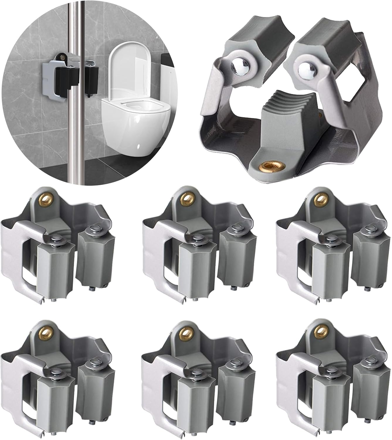 3-H Mop and Broom Holder Wall Mount 6 Pack, Broom Holder for Garage Garden Shed Storage System Laundry Room Home Kitchen Organization up to 1.45 Inch(grey)