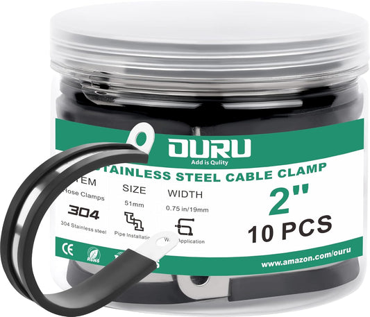 10pcs 2 Inch Stainless Steel Cable Clamps,Rubber Coated Cushioned Insulated Cable Clamp,Automotive Cable Wire Clamps,Pipe Clamps,Metal Clamp for Tube,Lines,Wire Cord Installation(Black,51mm)