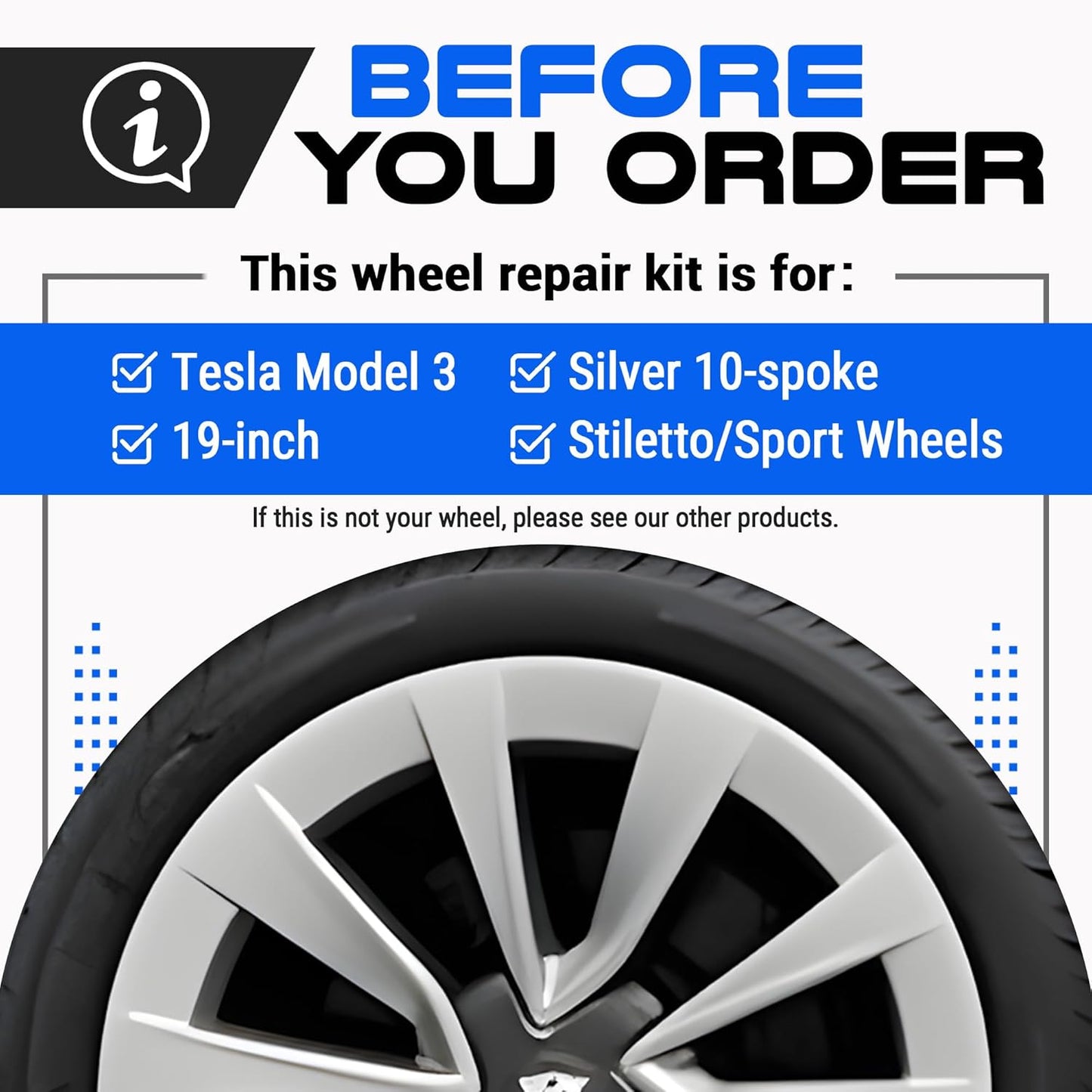 Premium Tesla Wheel Curb Rash Repair Kit for Model 3 19-inch Silver Stiletto Sport Rims - DIY Kit with Color-matched Touch Up Paint - Made in USA