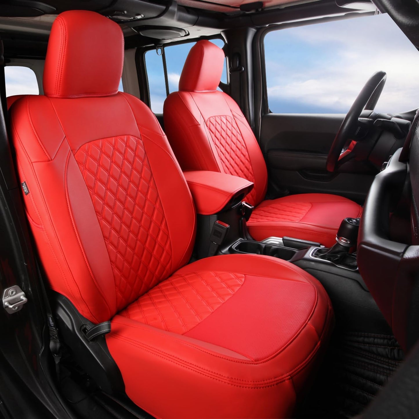 GIANT PANDA Customized Full Set Car Seat Covers for Jeep Wrangler 4 Door JL Sahara Sport Rubicon Unlimited Willys 2018 2019 2020 2021 2022 2023 2024 2025 Without Rear Cup Holder,Faux Leather - (Red)