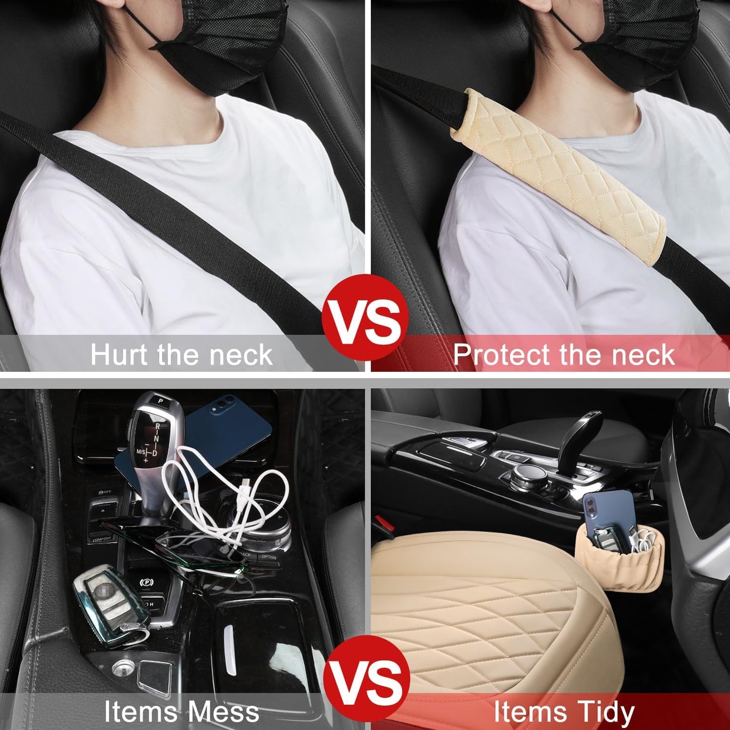 2 Pack Leather Front Car Seat Covers, Universal Sideless Car Seat Protectors with Storage Pocket and Seat Belt Pads, Waterproof Automotive Seat Cover for Cars Trucks SUV(Beige)