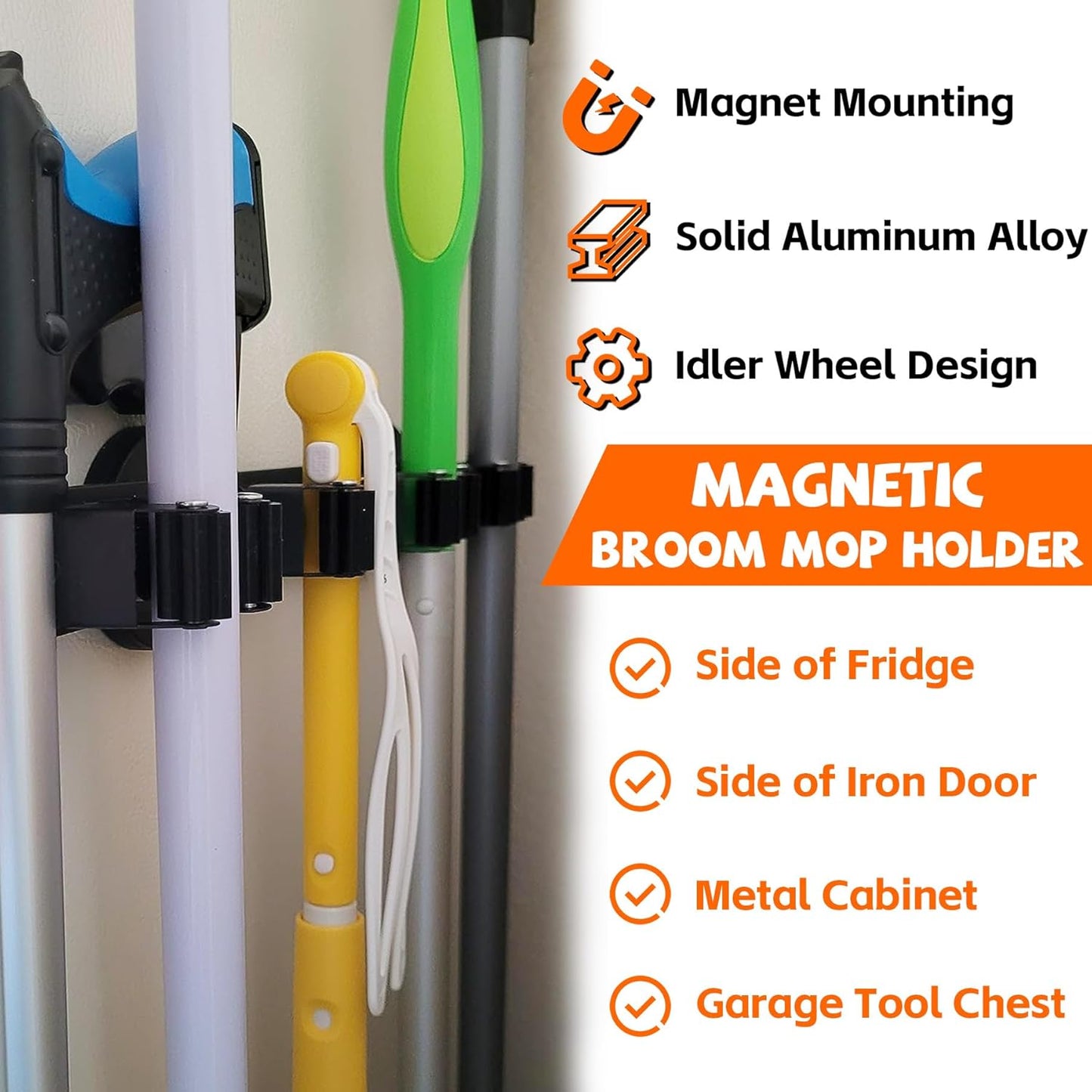 Magnetic Broom Holder Rack,Strong Magnetic Mount Mop Holder 4 Racks for Cleaning Tools,Non-slip Magnetic Tool Holder Broom Hooks for Apartment RV Camper Garage Kitchen