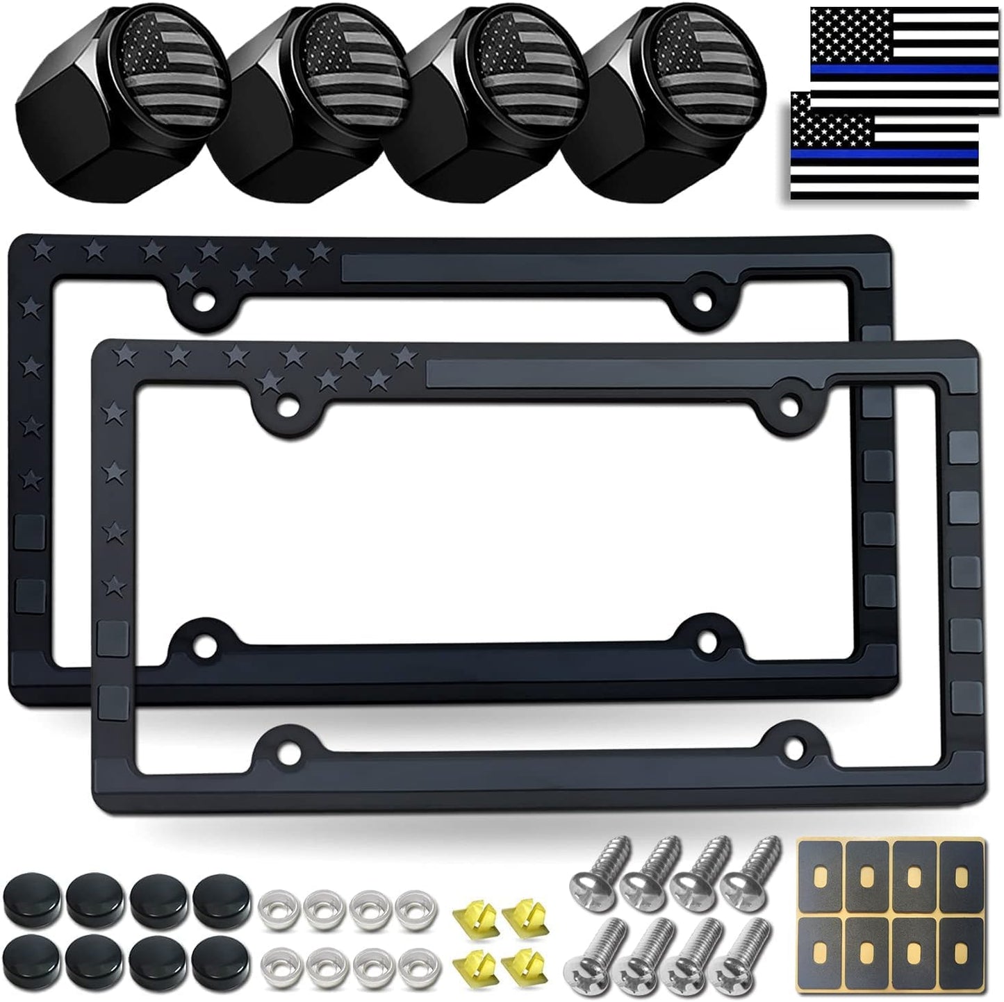 Black American Flag License Plate Frames- Patriotic USA Stars and Stripes Flag Plastic Car Tag Cover Holder with Mount Screws Caps for Truck/SUV, Auto Accessories for Veterans Military