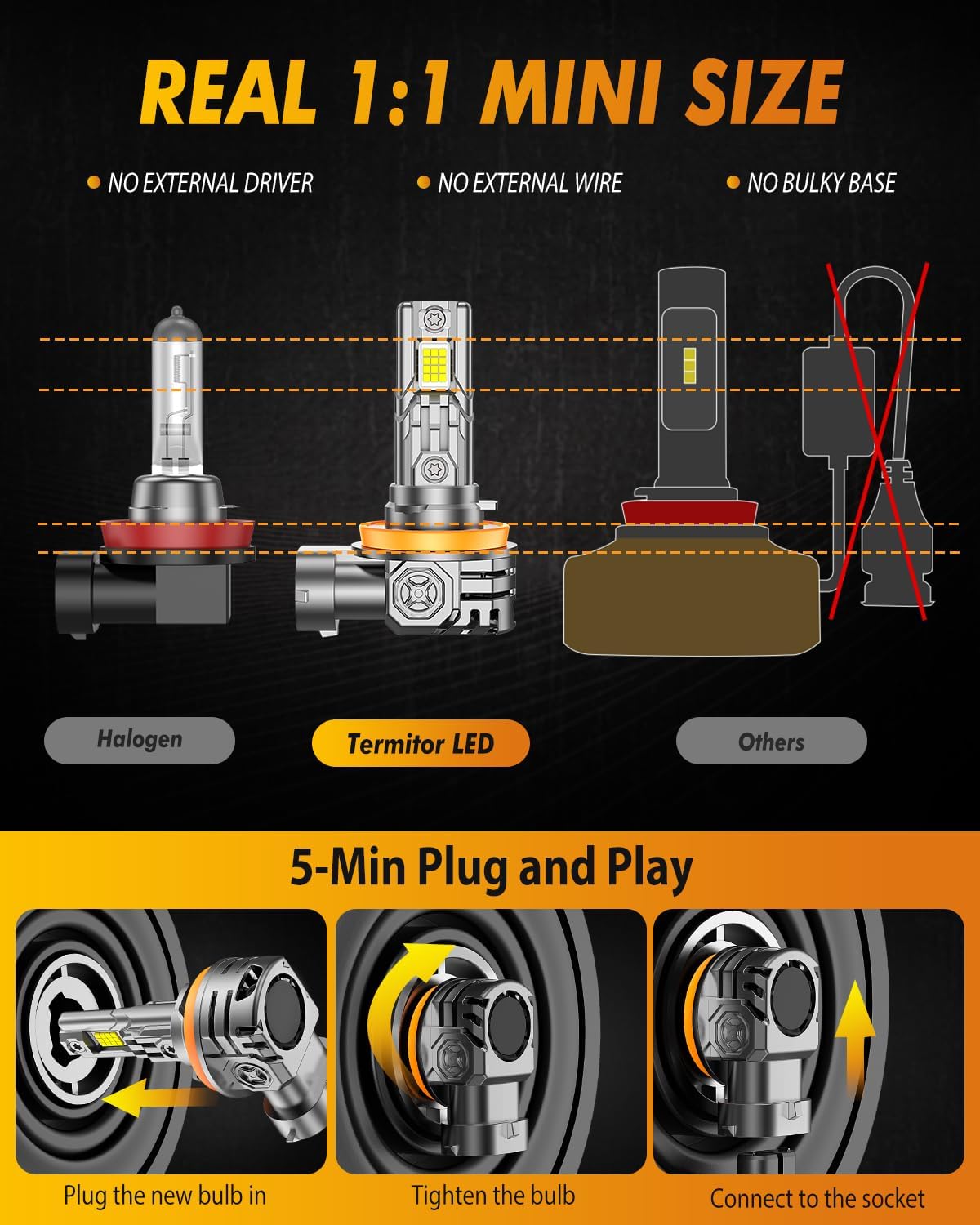 FAHREN H11/H9/H8 9005/HB3 LED Bulbs Combo, 130000LM 1000% Ultra-Bright, Real 1:1 Mini Size, 1:1 Mini Size Halogen Replacement, 6500K Cool White, Non-Polarity Plug and Play, Pack of 4