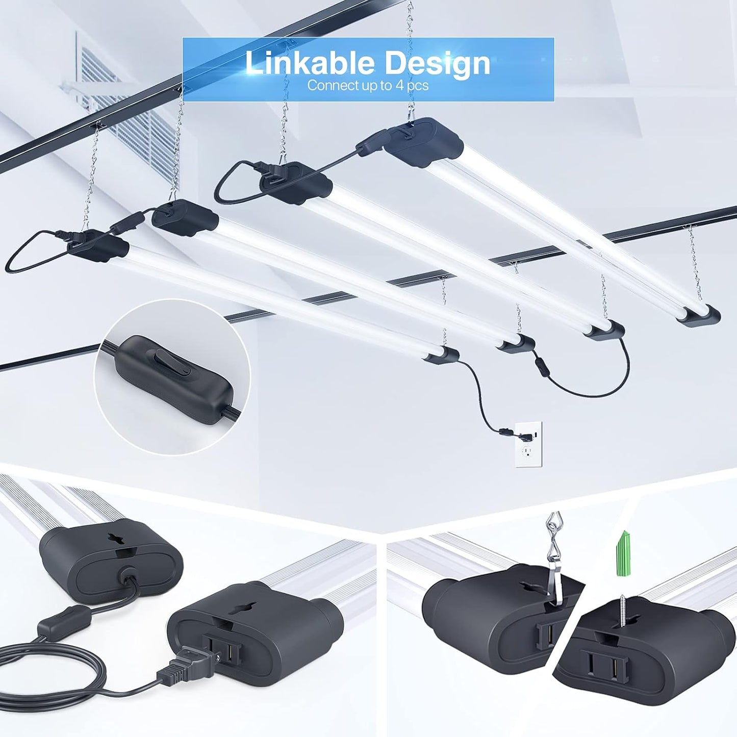 Ensenior 10 Pack Linkable Led Shop Light 4ft for Garage, 4400 High Lumens, 36W Equivalent 280W, 5000K Daylight, 48 Inch Utility shop led lights, Surface or Hanging Mount Fixtures, Black, ETL Certified