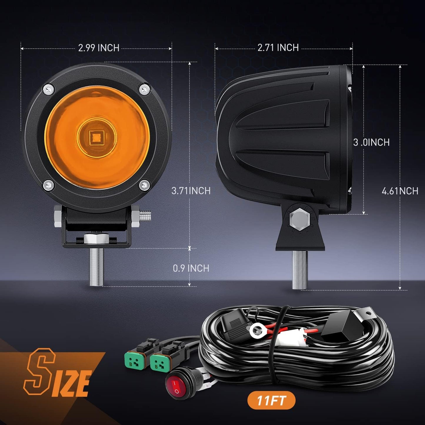 Nilight Motorcycle Led Pods Amber Fog Lights 2PCS 3Inch Yellow Round led Offroad Built-in EMC Driving Lights w/ 18AWG DT Wiring Harness Kit for Motorbike SUV ATV Truck Boat Tractor