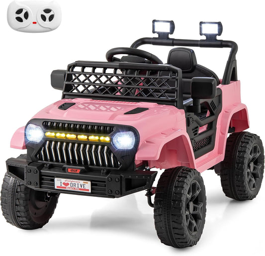 Costzon Kids Ride On Truck, 12V Battery Powered Electric Vehicles w/Remote Control, Spring Suspensions, 3 Speeds, Music, Lights, Wireless Connection, Ride on Car for Boys & Girls 3+ (Pink)