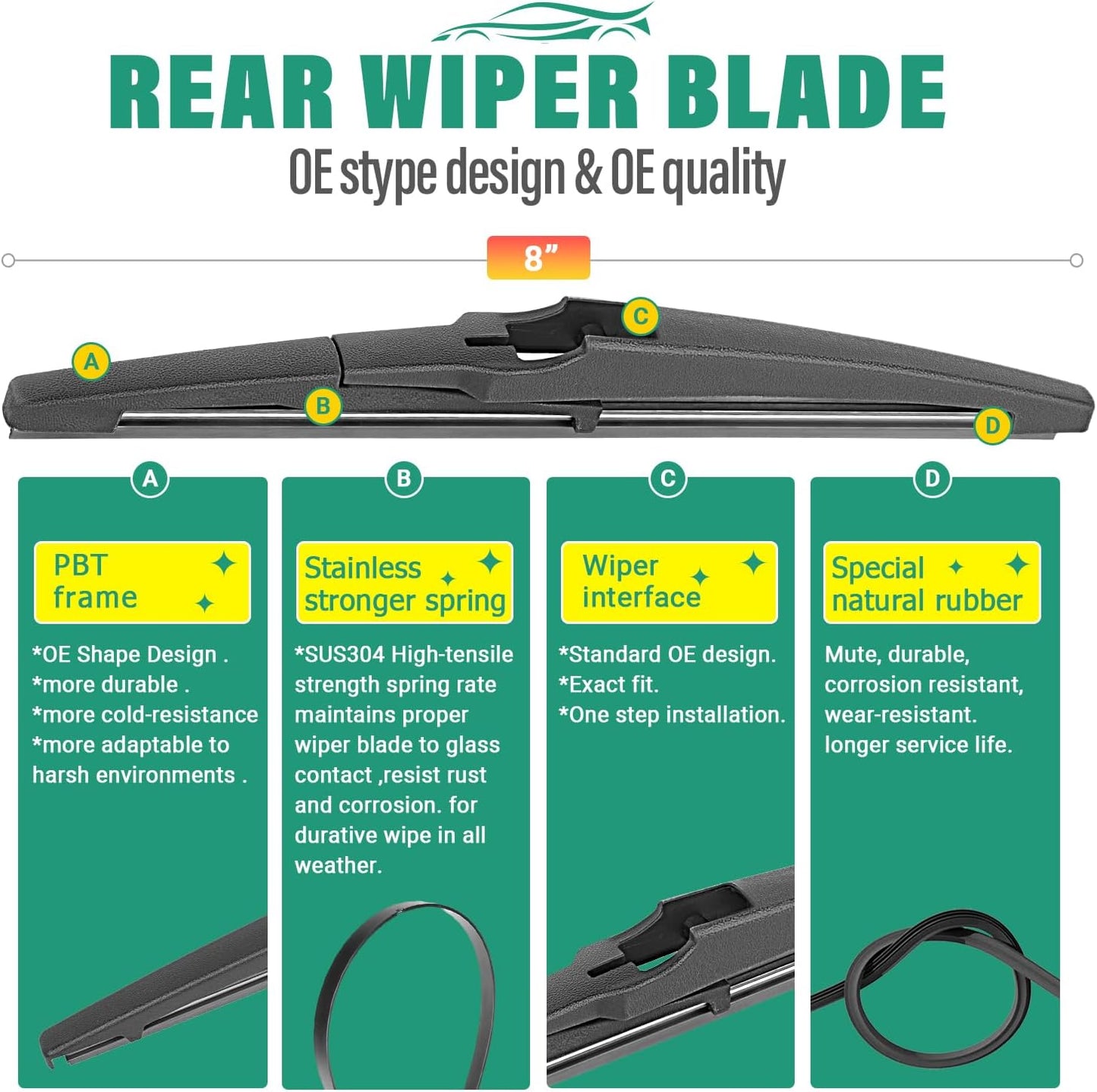 24" 14" 8" Windshield Wiper Blades Replacement for Chevy Chevrolet Spark 2016 2017 2018 2019 2020 2021 Premium All Weather Front Rear Wipers Set - OEM Quality (Pack of 3)