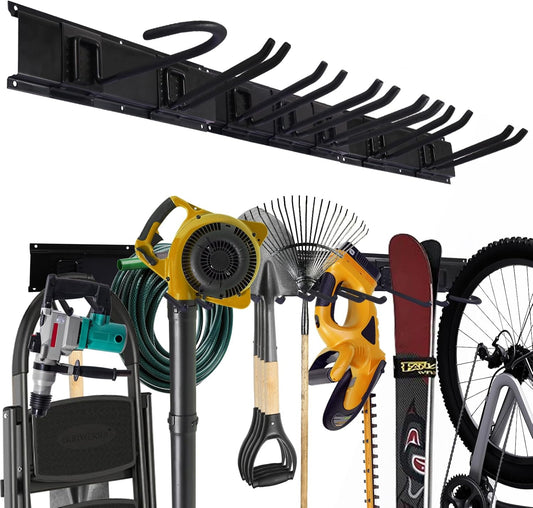 Garage Organization, 48 Inch Garden Tool Organizer Max Load 525 lb, Garage Tool Organizer Wall Mount with 7 Organization Hooks and Bike Hooks, Updated 16 Inch Studs Spacing