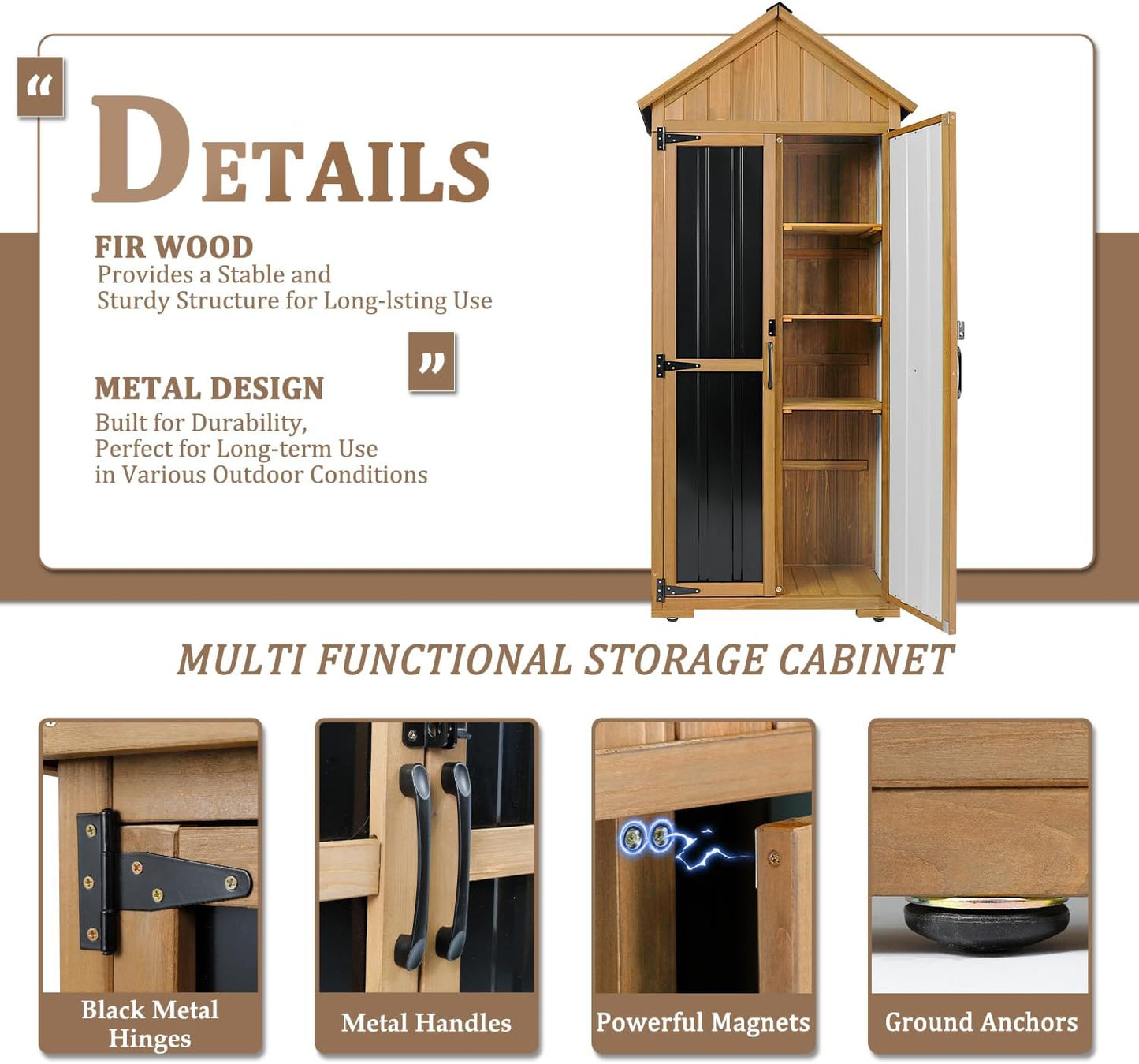 Outdoor Storage Cabinet Waterproof, Outdoor Storage Shed with Shelves, Wood & Metal Patio Backyard Garden Storage Cabinet Tool Organizer for Outside