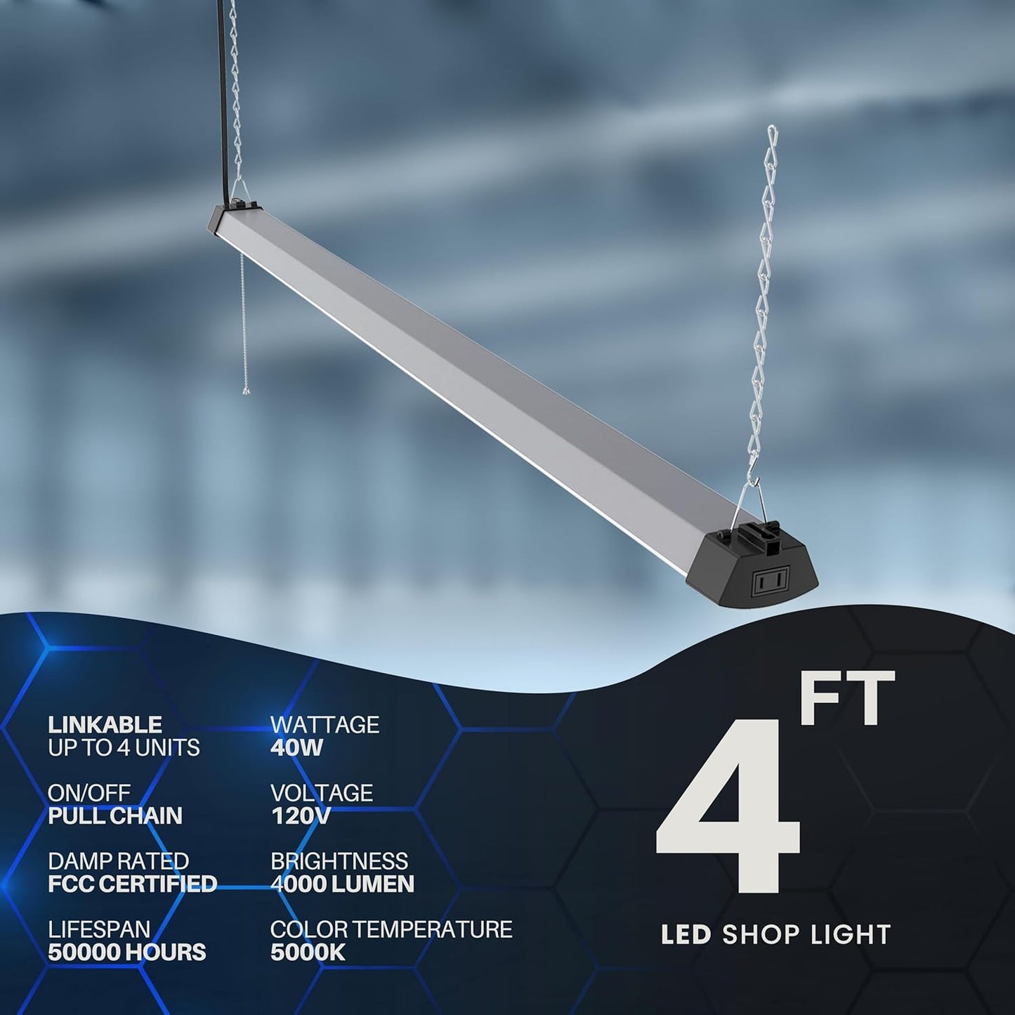 DYMOND 4FT 40W Wraparound LED Shop Light Fixture with Pull Chain Daylight White 5000K for Garage Workshop Basement