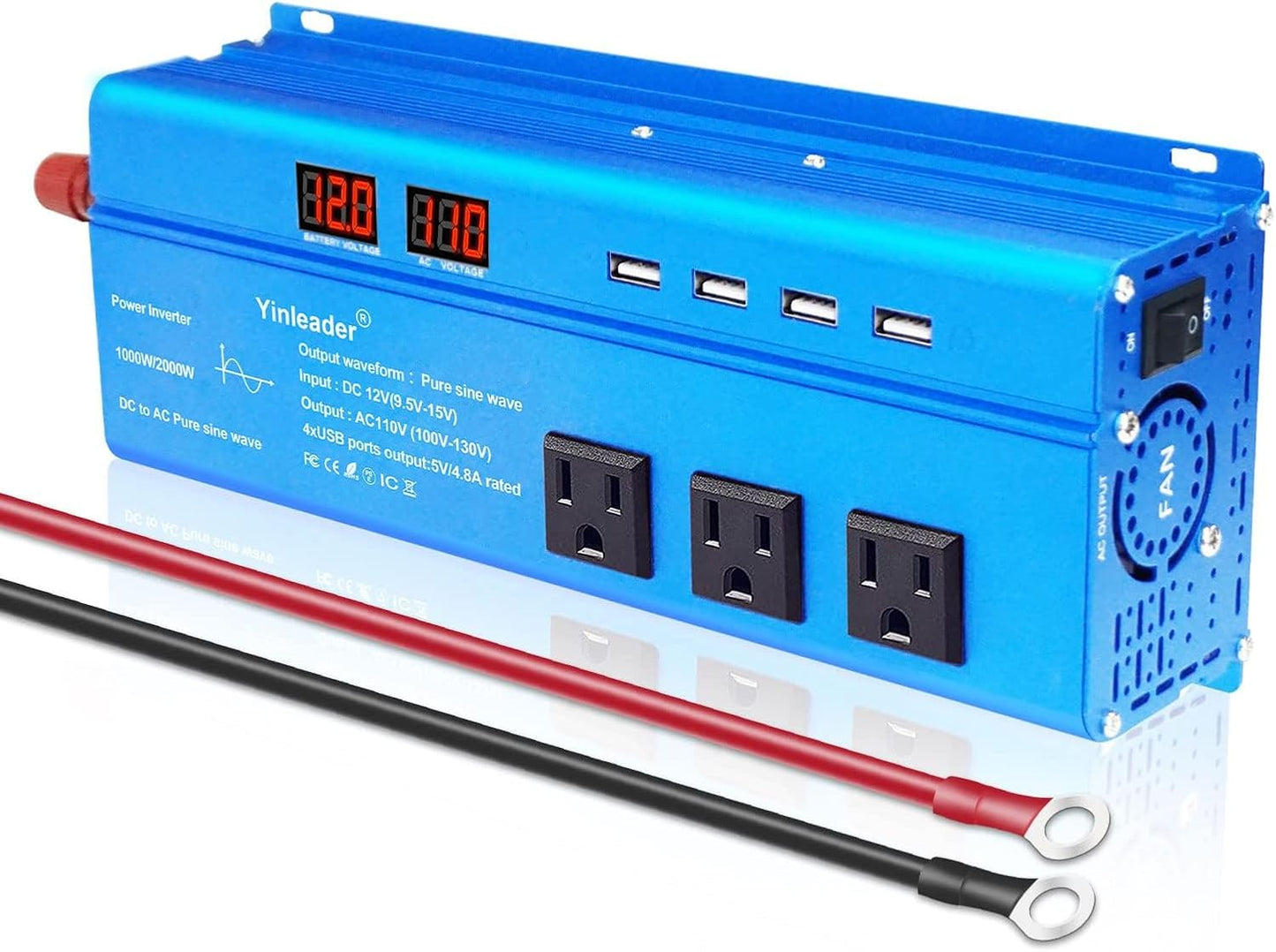 Yinleader 1000 Watt Pure Sine Wave Inverter 12V to 110V DC to AC Car Power Inverter for RV, Road Trip, Camping, Travel, 3 AC Outlets and 4 Built-in 5V/4.8A USB Ports, LCD Display, Blue
