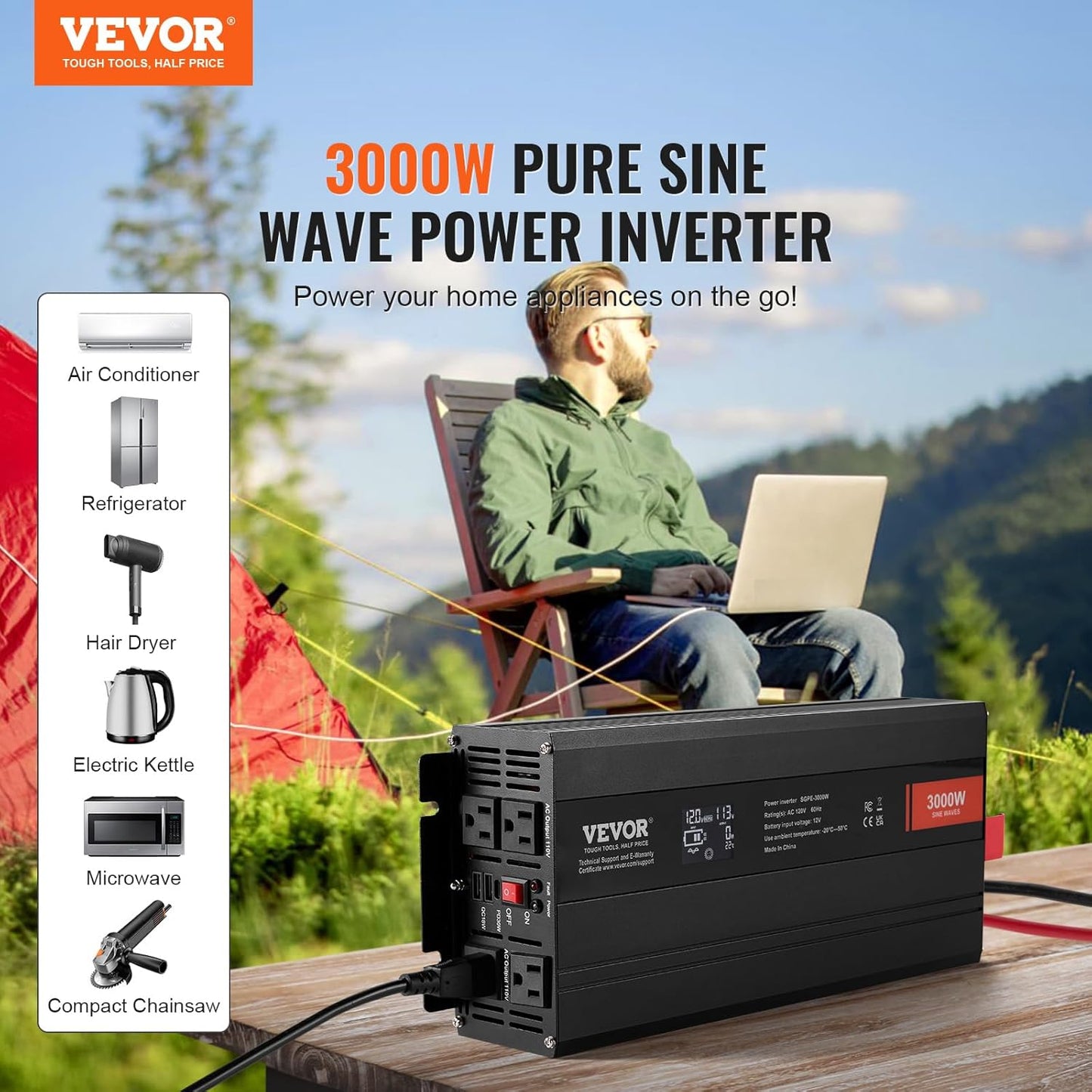 VEVOR Pure Sine Wave Inverter, 3000 Watt, DC 12V to AC 120V Power Inverter with 2 AC Outlets 2 USB Port 1 Type-C Port, LCD Display and Remote Controller for Large Home Appliances, CE FCC Certified